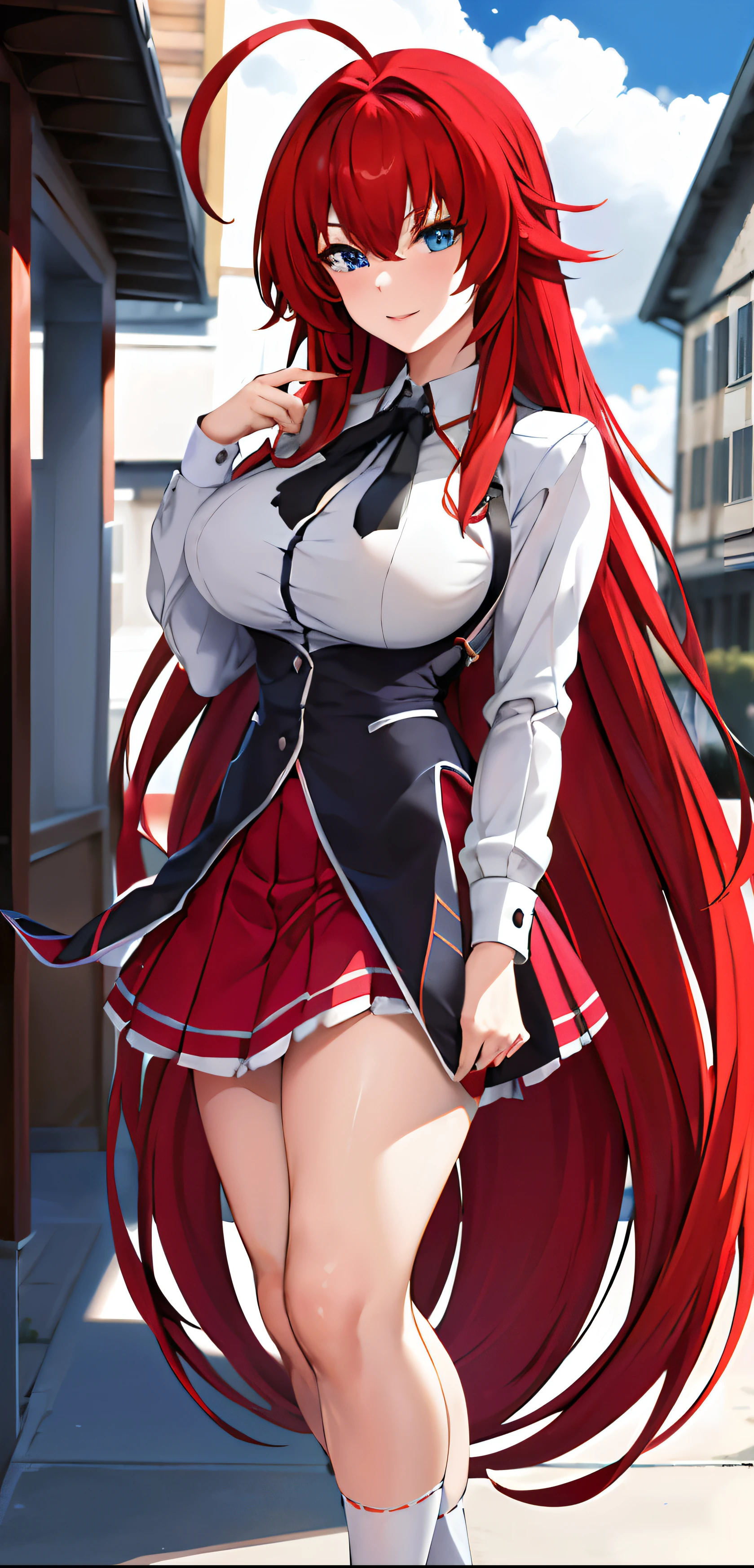 masterpiece, best quality, highres, best quality, highres, rias gremory, 1girl, long hair, school uniform, red hair, ahoge, blue eyes, large breasts, very long hair, breasts, skirt, huge ahoge, socks, standing, outdoors,