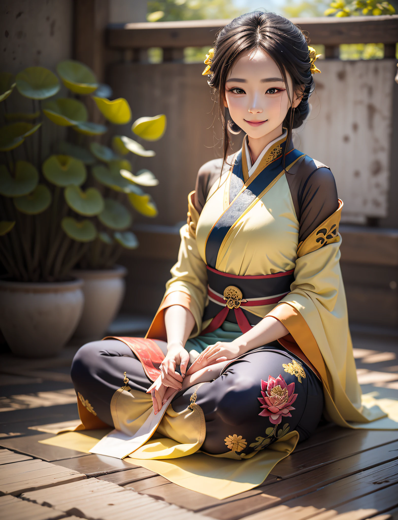 A woman wearing yellow Hanfu with oriental beauty,Sit and meditate in a lotus pose,Look at the audience with wide eyes,Floating on the ground,cheerfulness,A slight smil,realisticlying,bokeh,light particules