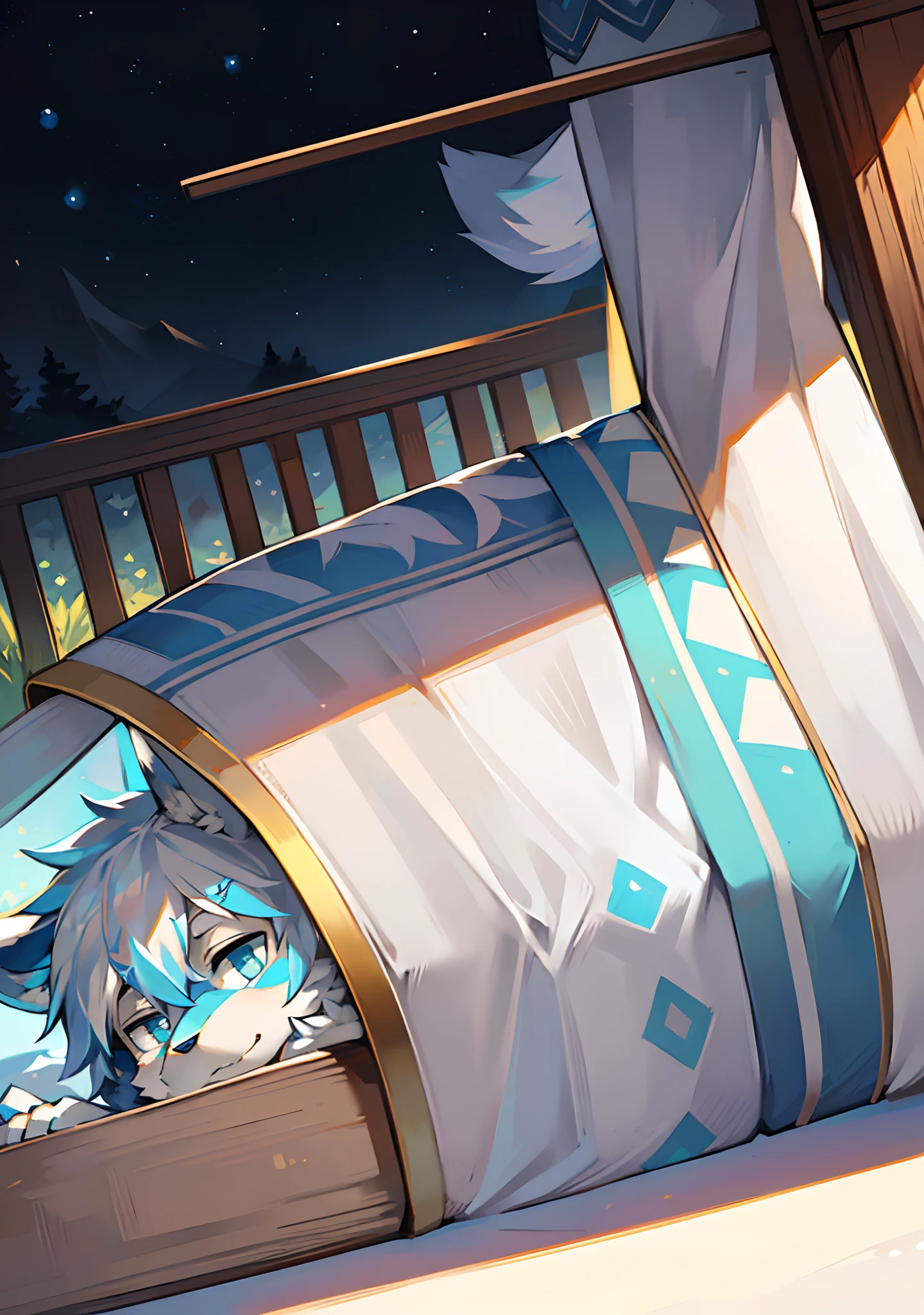 eyes with brightness, in a panoramic view, Character focus.(detailedbackground:0.7), 独奏, shaggy, shaggy male, malefocus, (Full Body Furry, Fluffy tail, Light dark blue fur, blue color eyes, White color hair:1.2), (long canines、coyote、cloaks:1.2),(the night、terrazzo,Arms lying on the fence)