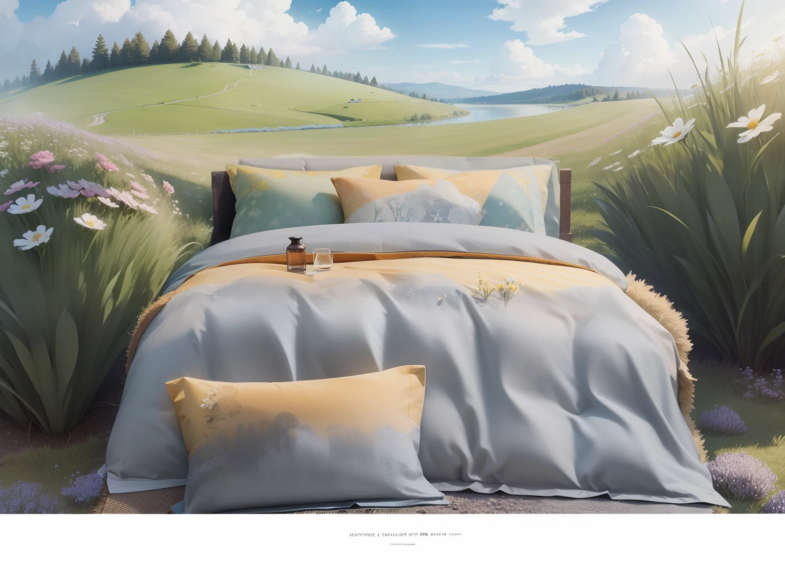 grassy fields，great outdoors，Nature views，with blue sky and white clouds，brightly，In the daytime，Masterpiece，optimum，PremiumQuality，lawns，A few small flowers，Not hand-drawn，True meadow，Small lake