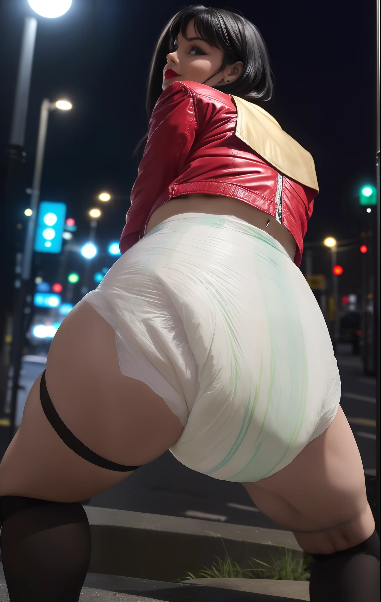 (masterpiece, top quality, best quality, highly detailed:1.2), colorful, 1girl, solo, photo of a y woman posing seductively on the street corner in a soiled diaper, city, outdoors, standing, diaper, black diaper, wet diaper, soggy diaper, messed diaper, diaper mess, hypermessing, diaper waistband peek, faded wetness indicator, thigh high heels, black hair, green eyes, smirking, golden braclet, red biker jacket, revealing white crop top, stockings, jade ring, red lipstick, night, neon lights, city