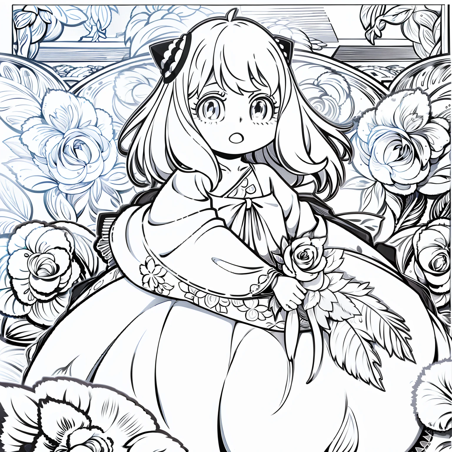 illustration, high quality, best quality, (high detailed:1.2), (extremely detailed:1.3), anya, anya forger, holding flowers, lineart