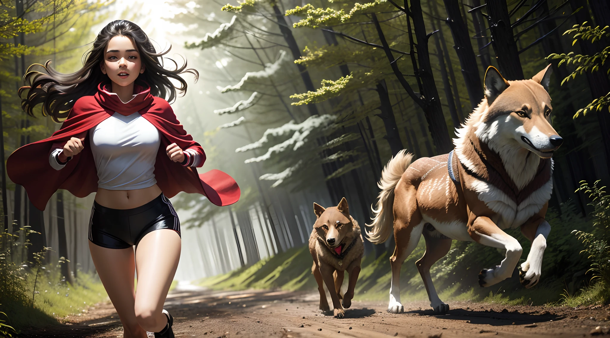 Brunette girl in red cape，A brown wolf，running in the forest
