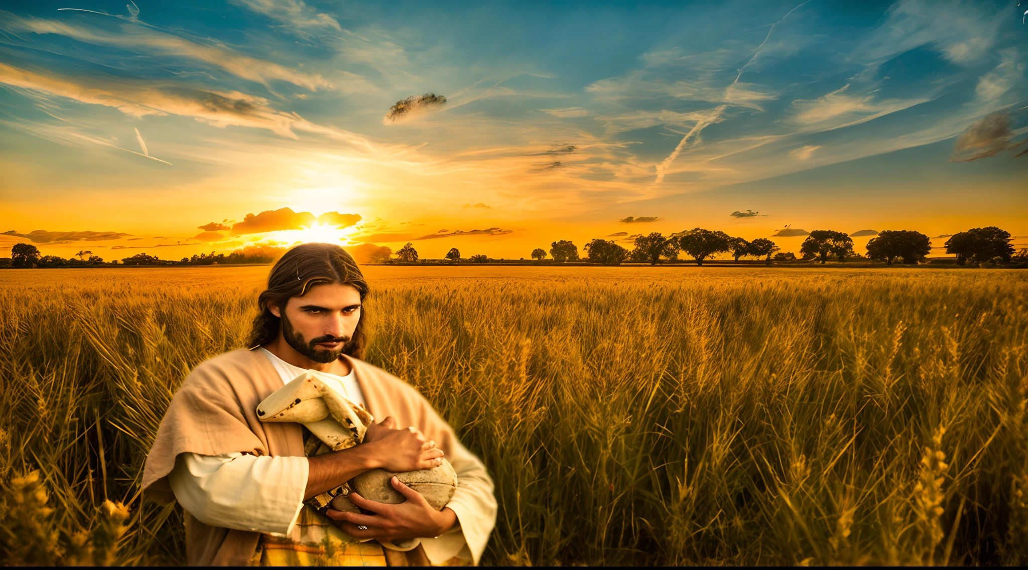 Retrato moderno Jesus num campo de trigo, cinematic lighthing, profundidade de campo, Bokeh, Realismo, fotorrealista, hiper-realismo, fotografia profissional, UHD, DSLR, HDR