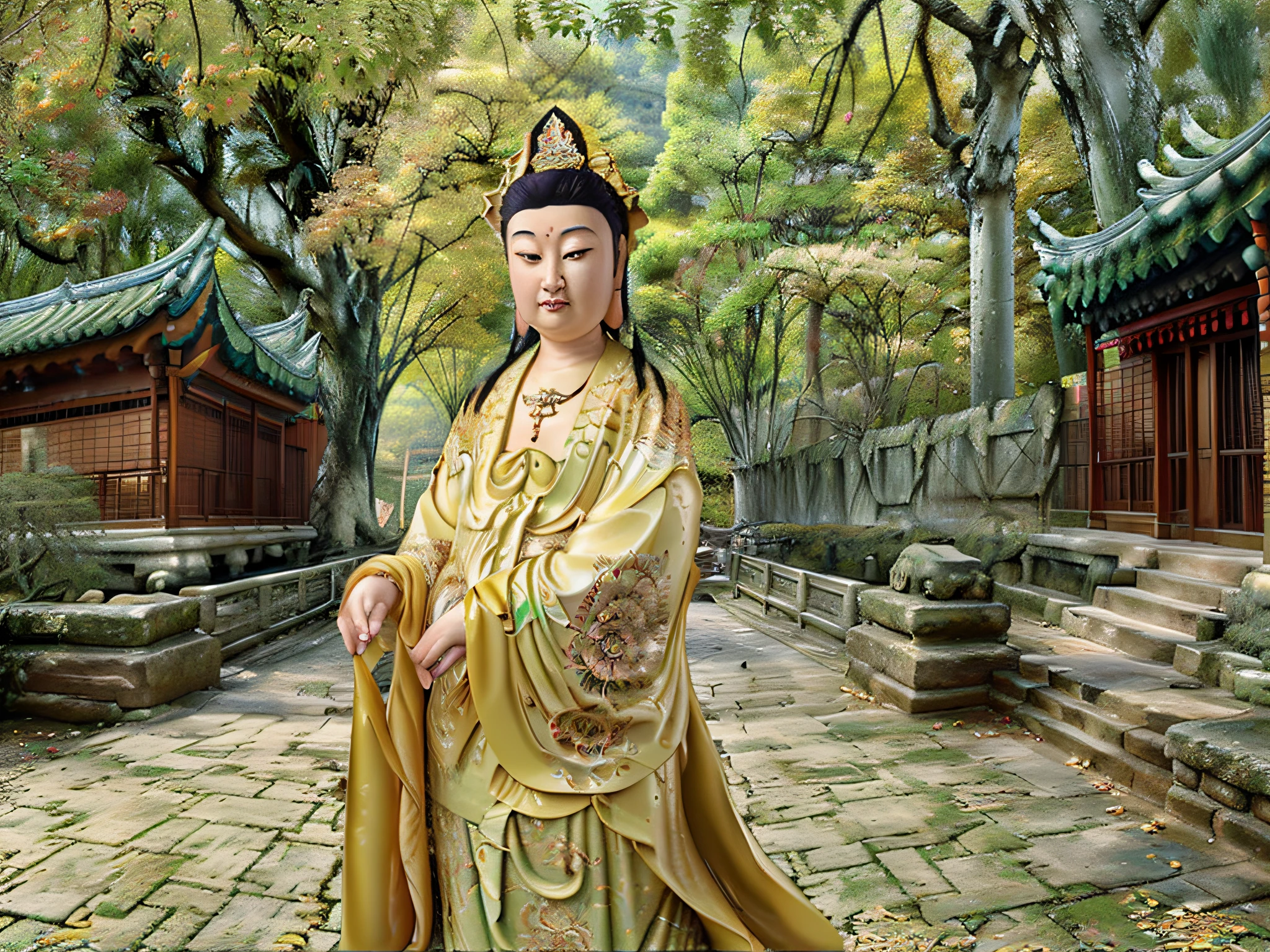 Best quality, Masterpiece, 1 woman,  Half-length portrait（中景 the scene is）, Detailed face, Beautiful eyes, Open your eyes and look straight ahead, In the autumn ginkgo forest, Ancient Chinese architecture, Ancient architecture of the Tang Dynasty, Very detailed background. Solo