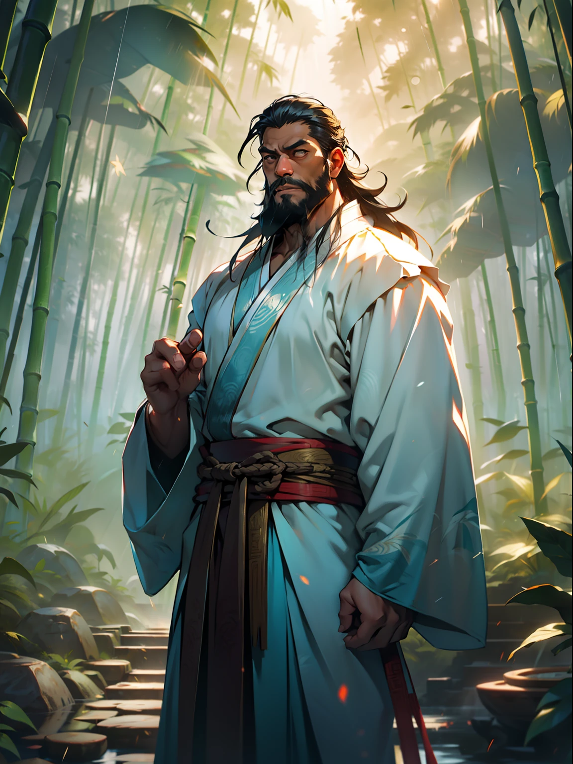 Deep in the bamboo forest, Chinese Ancient Times，raining day, A middle-aged male, 50yearsold, With a beard，long whitr hair，emaciated，dressed white hanfu, Standing in a bamboo forest, A hand touched his beard，Place one hand behind your back，look up to，Quiet, Cinematic lighting, in a panoramic view, Masterpiece, ccurate, Super detail, Award-Awarded, Best quality