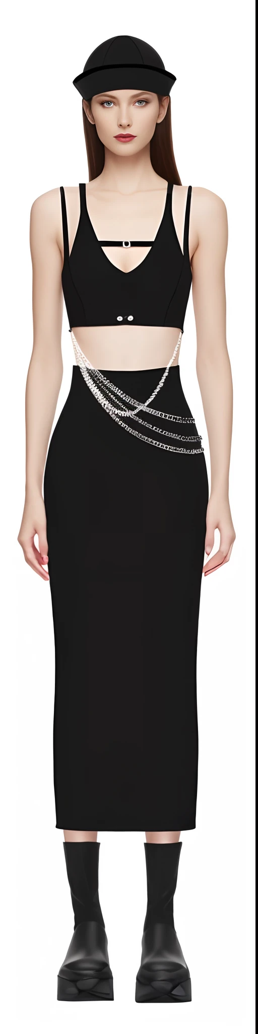A woman in a black dress and a black hat, brown hair,Blue-green eyes,dark lipstick,Slender figure,sophisticated dress, stylish dark dress, Black dress, Elegant dress, Black dress : : Symmetrical face, an elegant woman in black dress, Dark dress, Detailed fashion photography, she wears a black dress, Wearing a black dress, digital art of an elegant, Black gown, wearing a black dress, airbrush dark dress,vogue photography,White basemap,high-definition picture quality