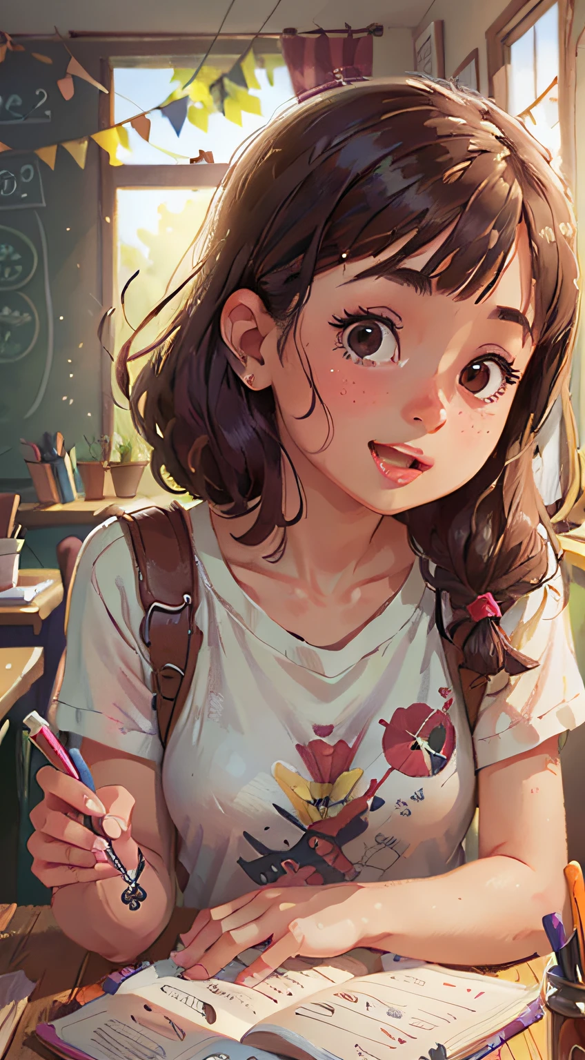 Girl, Classroom, Summer, Perfect quality, clear focus (clutter - home: 0.8), (masterpiece: 1.2) (Realistic: 1.2) (Bokeh) (Best quality) (Detailed skin: 1.3) (Intricate details) (8K) (Detail Eyes) (Sharp Focus), (Happy)