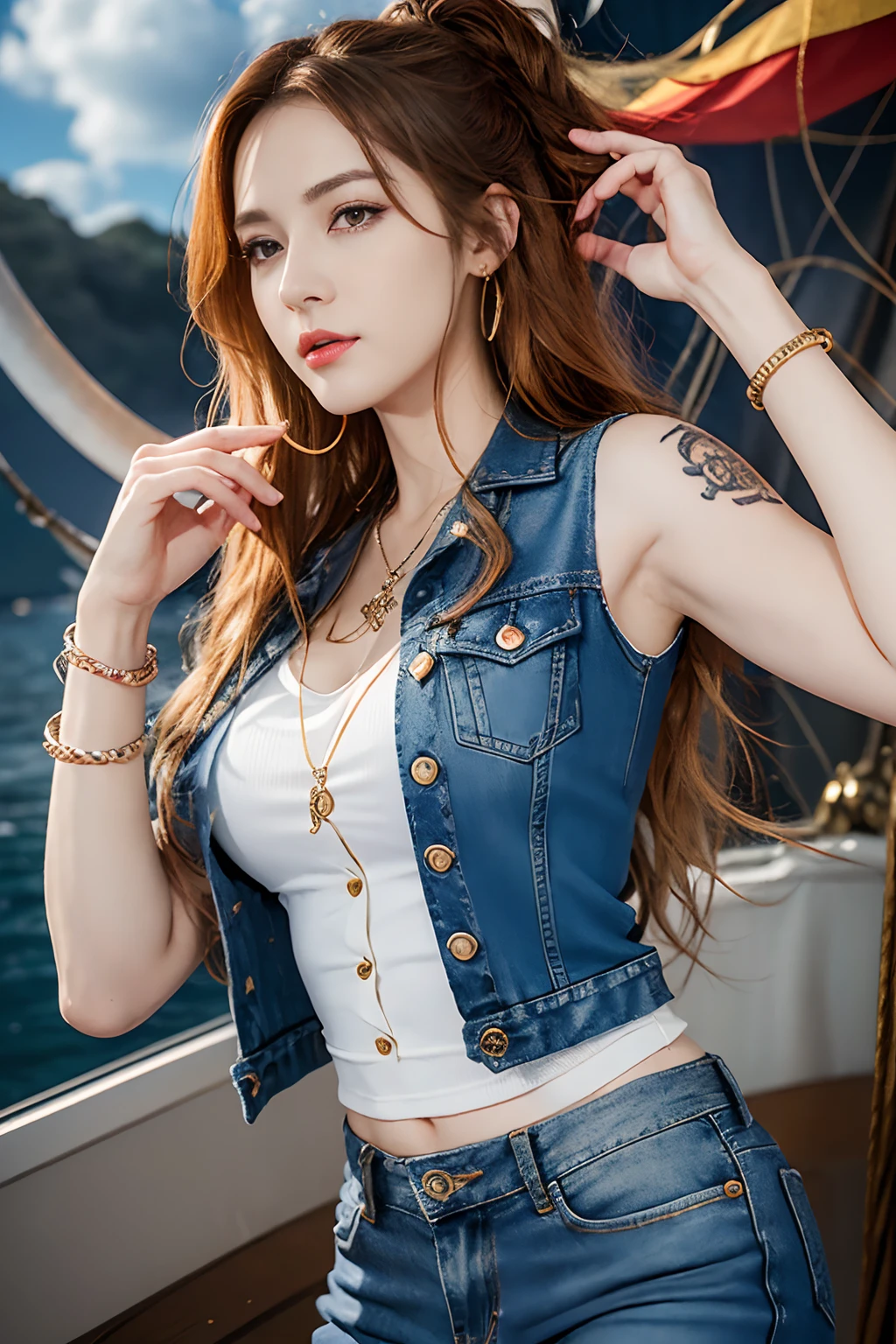 (((masterpiece+best quality+high resolution+ultra-detailed))), nami \(one piece\), long silky orange hair, high nose, sharp eyes, noble and inviolable temperament, (([female]: 1.2 + [beauty]: 1.2 + orange long hair: 1.2)), pirate ship background, (one piece), blue sky, bracelets, bubbles, clouds, denim, pants, shoulder tatto, bright eyes, dynamic angle and posture.