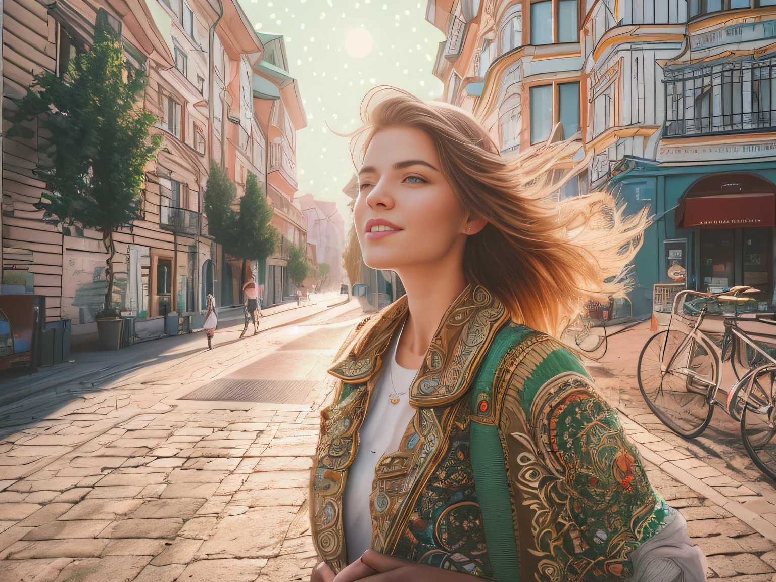 Close photo of a woman in a Russian city, intricately-detailed,fine details,hyper-detailing,Scattering,Diffused soft lighting, Polaroid Style,5D Happy Modern City Street with Clear Sky,Sun,clean air,greens,Harmonious buildings,Pleasing to the eye,Blending into the natural landscape,