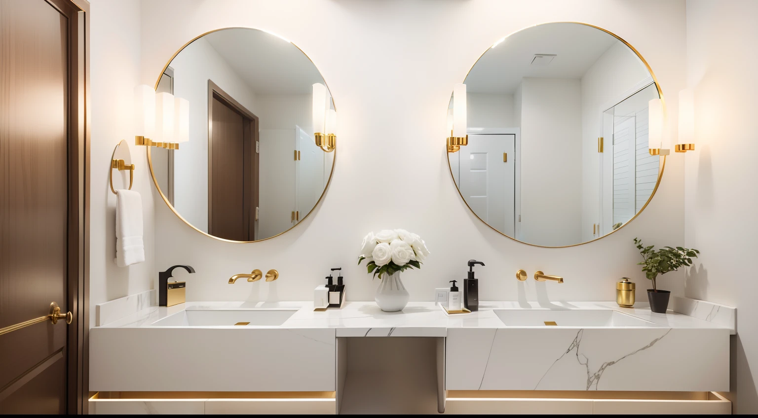 There are two mirrors on the wall above the two sinks, clean and simple, White marble，Golden decoration, white colors，Gold accents, simple clean lines, white and gold color scheme, Clean lighting, Subtle gold accents, White color scheme, Clean details, Golden accents, fresh modern look, modern bathroom, Black and white color scheme, glowing details, Gold accents