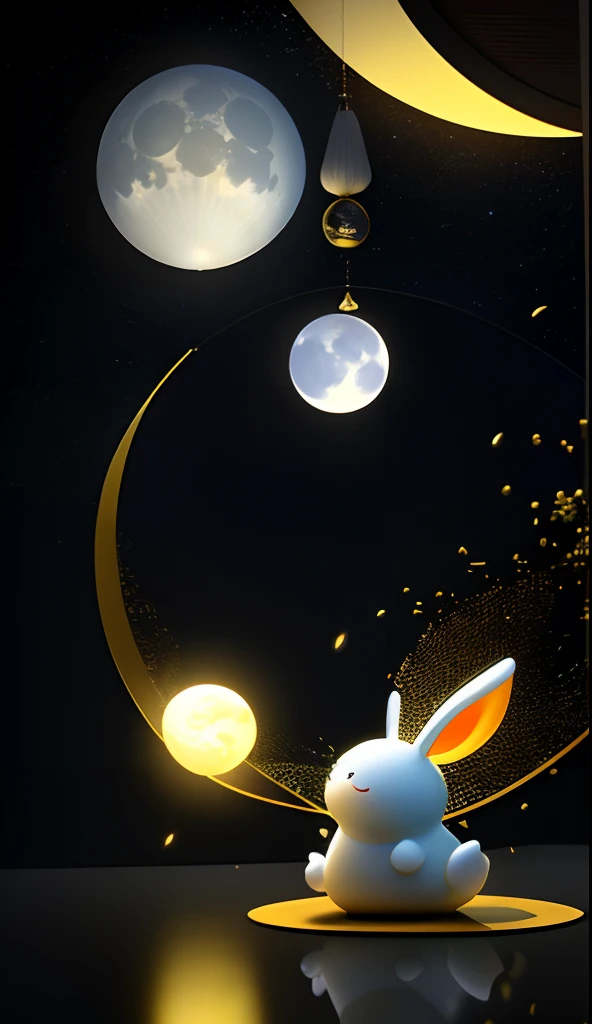 tmasterpiece，Best quality at best，（非常详细的 CG 统一 8k 壁纸），（Best quality at best），（The best illustrations），（The best shadow），White rabbit with yellow scarf，Lying on a huge gradient moon，white fluff，Yellow scarf，themoon，Osmanthus decoration，Solid black background，（Particle effect）and other 3D， Octane rendering，Ray traching，Super meticulous