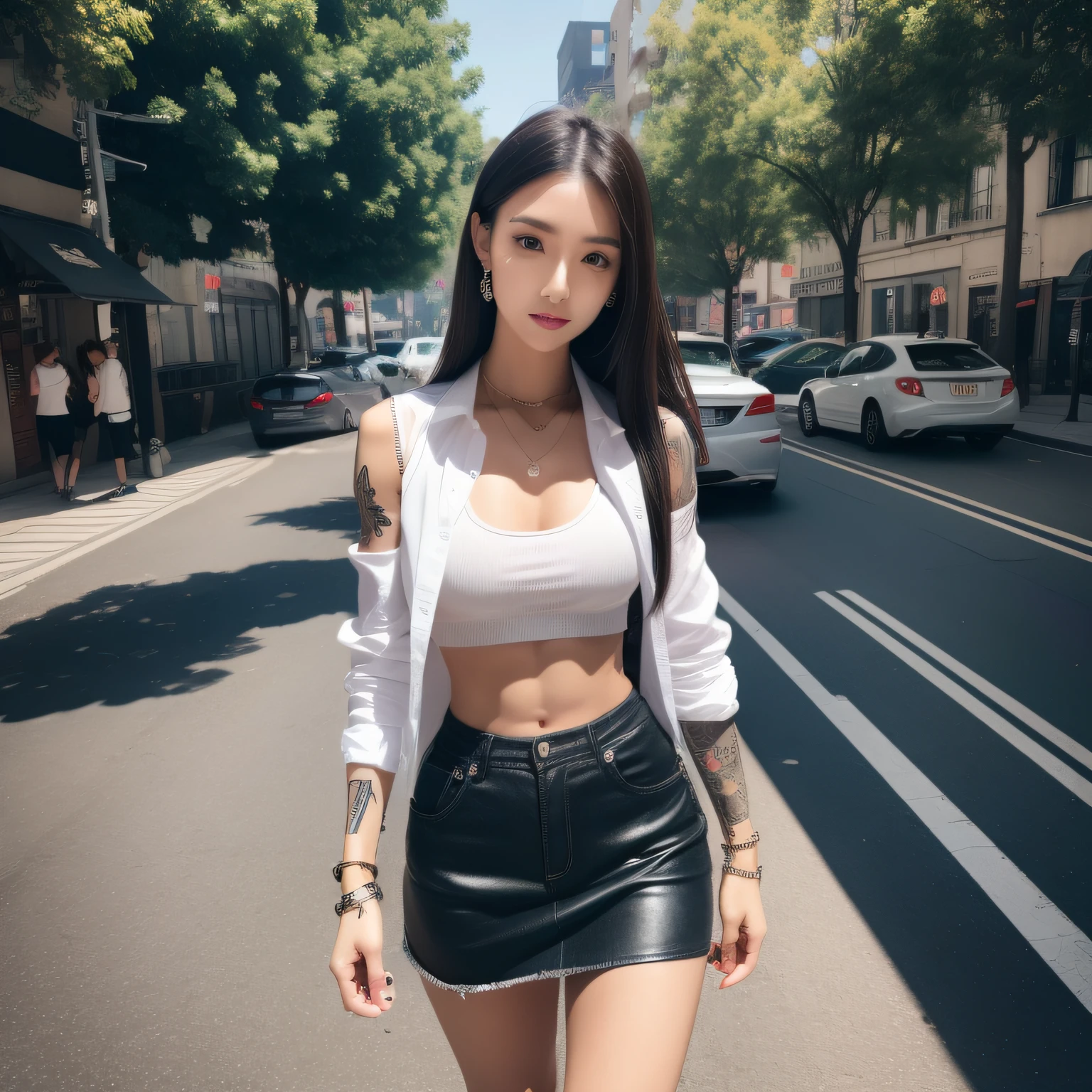 best quality, masterpiece, highres, 1girl, Beautiful face, photorealistic, 8k, UHD, long hair, arm tattoos, tattooed, muscular, toned abs, as, Asian, female, dark skin, wearing smart casual clothes, busy city street, (high detailed skin:1.2), 8k uhd, dslr, high quality, candid, Photograph, high resolution, 4k, 8k, alone, one girl, she is wearing smart casual clothes, woman in smart casual wear, smart clothes, walking, walking down the street