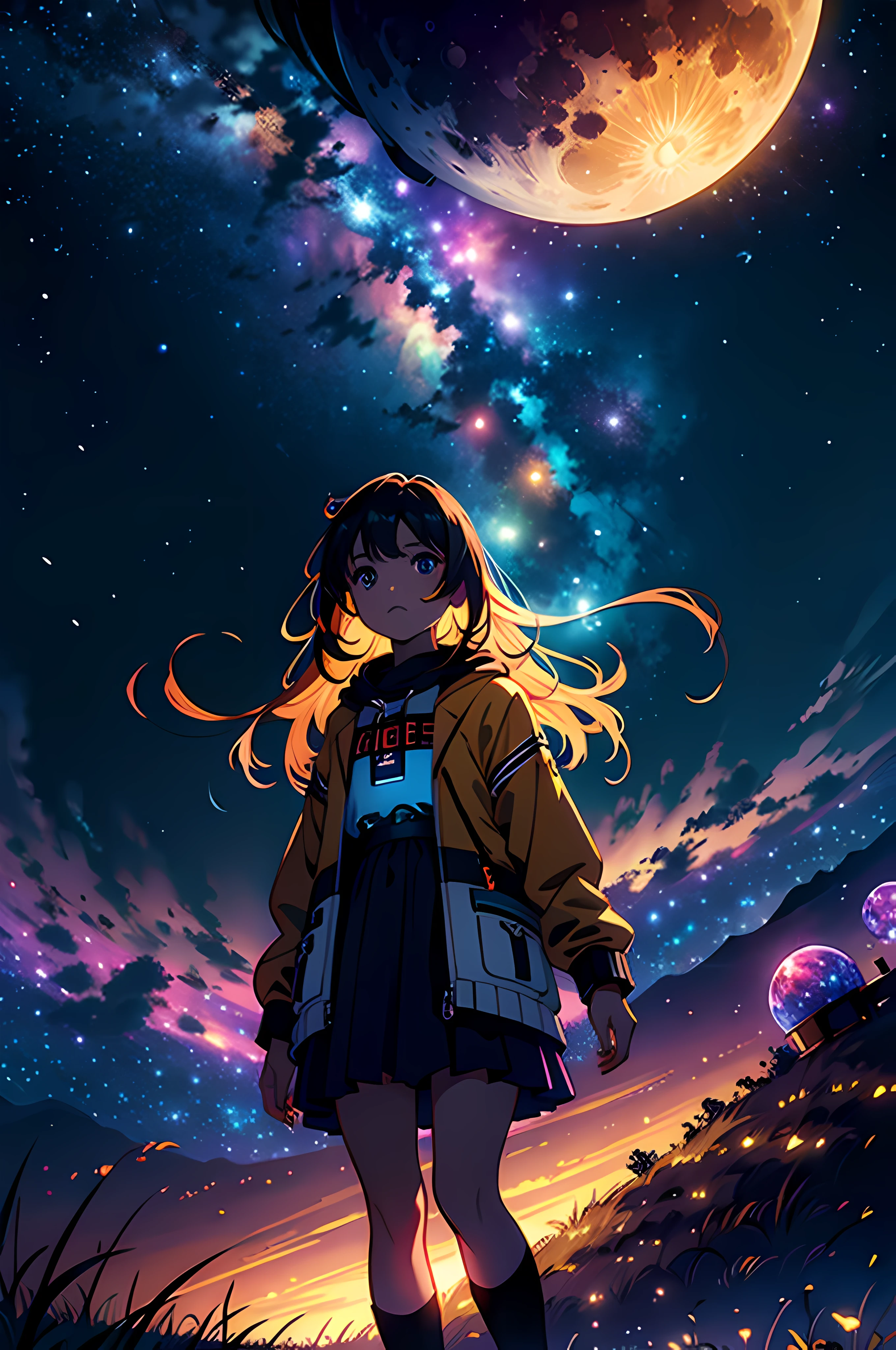 expansive landscape photograph , (a view from below that shows sky above and open field below), a girl standing on flower field looking up, (full moon:1.2), ( shooting stars:0.9), (nebula:1.3), distant mountain, tree BREAK
production art, (warm light source:1.2), (Firefly:1.2), lamp, lot of purple and orange, intricate details, volumetric lighting BREAK
(masterpiece:1.2), (best quality), 4k, ultra-detailed, (dynamic composition:1.4), highly detailed, colorful details,( iridescent colors:1.2), (glowing lighting, atmospheric lighting), dreamy, magical, (solo:1.2)