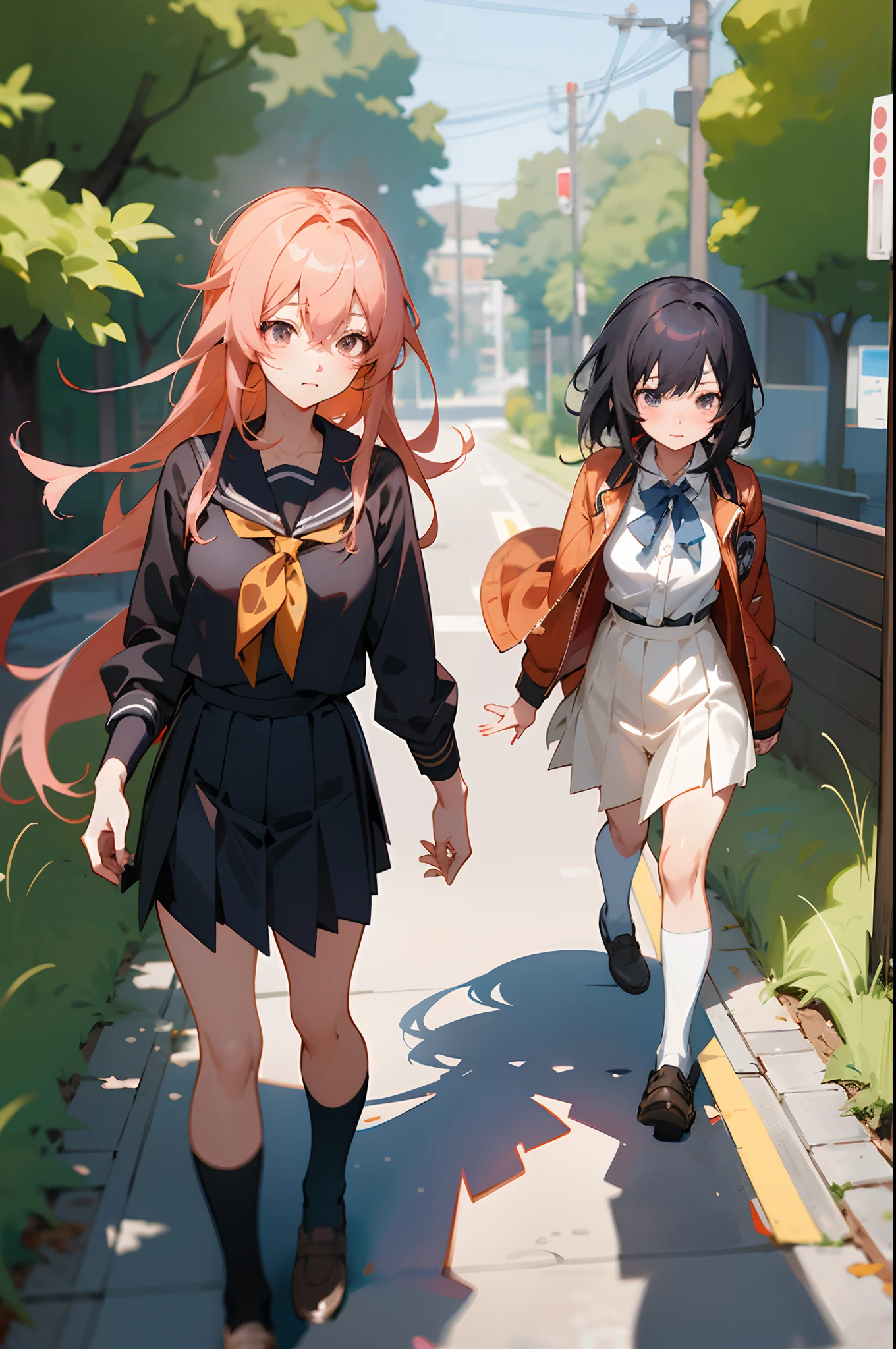 anime characters dressed in school uniforms walking down a path, anime style. 8k, two beautiful anime girls, artwork in the style of guweiz, anime girls, anime realism style, detailed digital anime art, guweiz on pixiv artstation, digital anime art, digital anime illustration, smooth anime cg art, guweiz, anime styled digital art