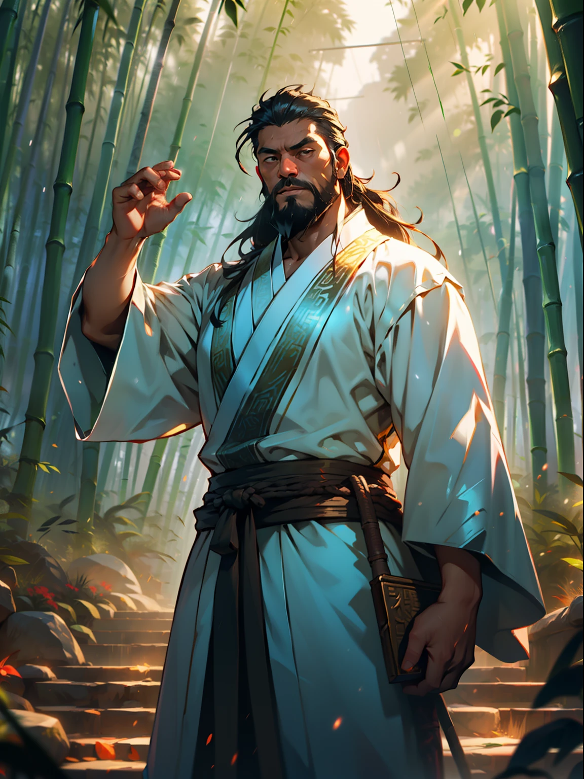 Deep in the bamboo forest, Chinese Ancient Times,raining day, A middle-aged male, 50yearsold, With a beard,long whitr hair,emaciated,dressed white hanfu, Standing in a bamboo forest, A hand touched his beard,Place one hand behind your back,look up to,Quiet, Cinematic lighting, in a panoramic view, Masterpiece, ccurate, Super detail, Award-Awarded, Best quality