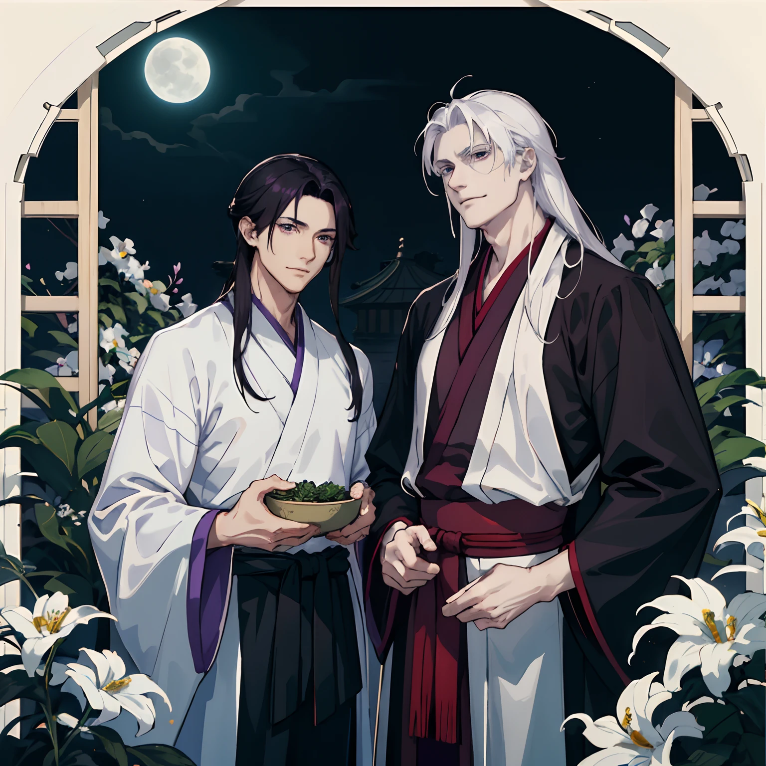 2 men, lover, Wooden greenhouses, Wearing Hanfu, Long black hair, Dark purple eyes, doctor, White-haired man with very muscles., Wearing Hanfu, Wide shoulders, Tall, Long white hair, Black eyes, moon light, caress, smirk, Flowers flutter