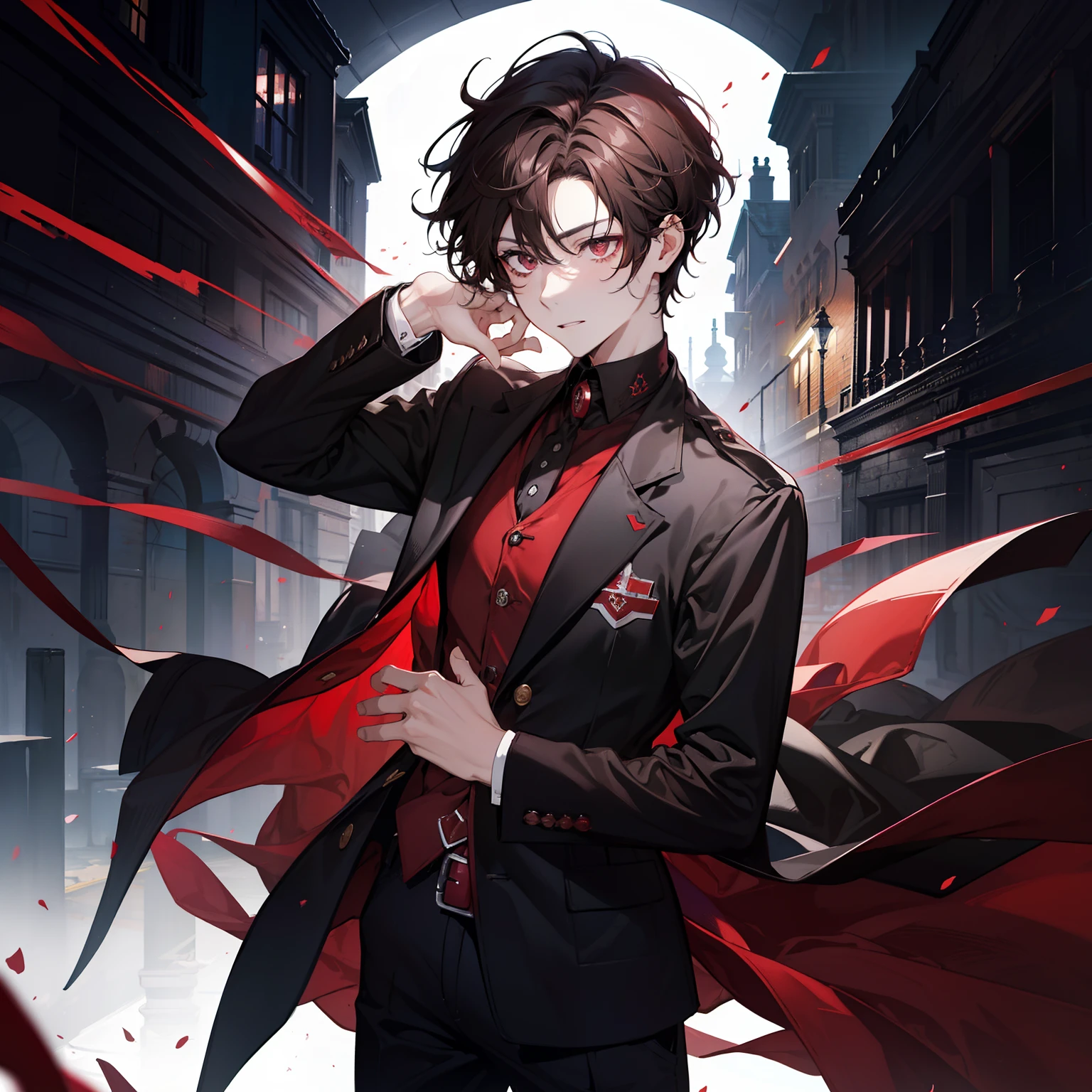 1man, dark brown short hair, curly hair, red crazed eyes, narrowed eyes, shadow over eyes, yandere, school uniform
