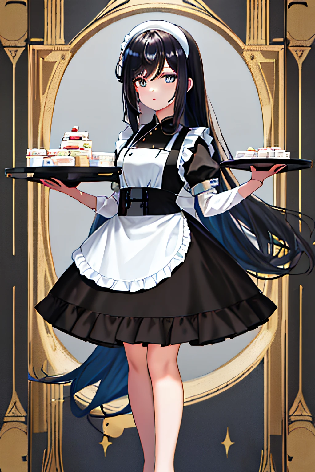 maidennurse，middle parted bangs，black color hair，dual horsetail，hair straight，MagazineCover，teens girl，，Golden-blue eyes，Hold the tray with both hands，blacksilk，Black and white dress，short- sleeved，aprons，short- sleeved，Puff sleeves，Full body standing painting，k hd，the detail，opulent