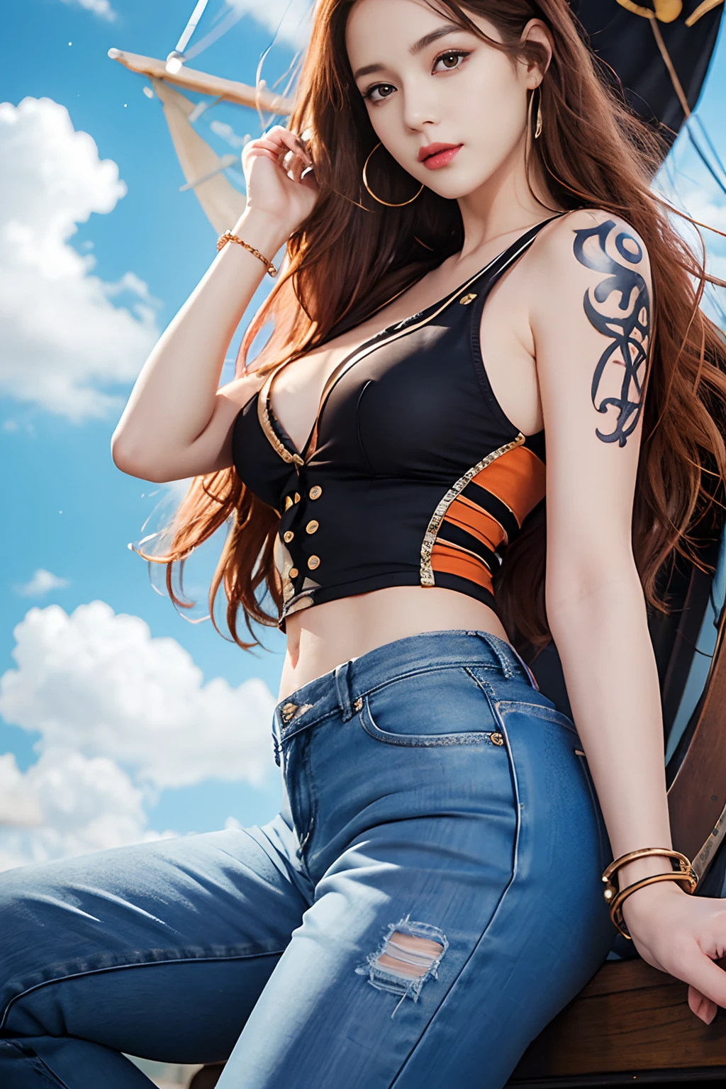 (((masterpiece+best quality+high resolution+ultra-detailed))), nami \(one piece\), long silky orange hair, high nose, sharp eyes, noble and inviolable temperament, (([female]: 1.2 + [beauty]: 1.2 + orange long hair: 1.2)), pirate ship background, (one piece), blue sky, bracelets, bubbles, clouds, denim, pants, shoulder tatto, bright eyes, dynamic angle and posture.