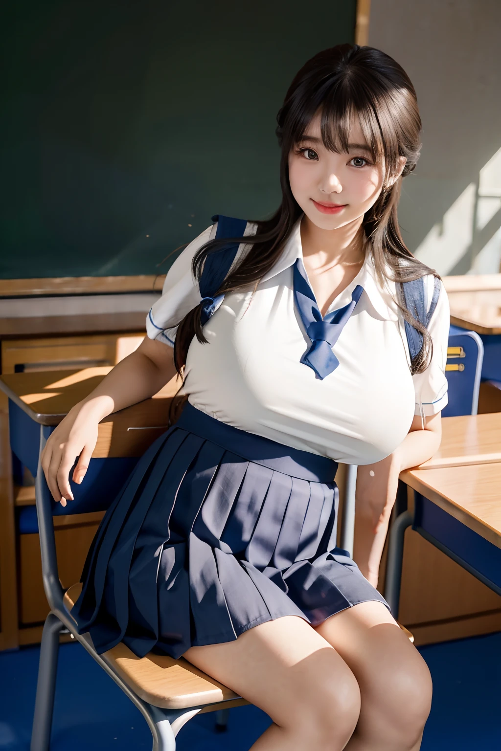 (A little littmmature Slightly thin face),(Super swollen: Exaggerated scale: Swelling, Huge chest,super gigantic breasts),(Clothing that exposes the waist supported by the breasts),long whitr hair,(Wear a Chinese school uniform,Ultra-short school skirt),Many people's classroom background, sit on chair,Pure temperament,ssmile,perfect eyes, perfect hand,超高分辨率, Movie Angle, Professional lighting, best qualtiy, tmasterpiece, Perfect focus,Background bokeh,realisticlying,Ultra-high ress fabric texture,8k eye details,8K pupils,
