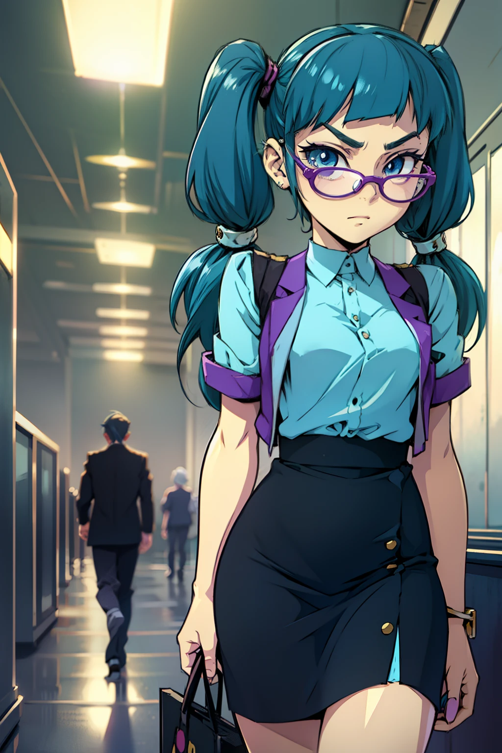 Juniper Installation, A  girl, Aquacolor for hair, kino, uniform, stands on his feet, kino, twin tails, blue eyes, Hairpins, purple glasses, Cinema hall