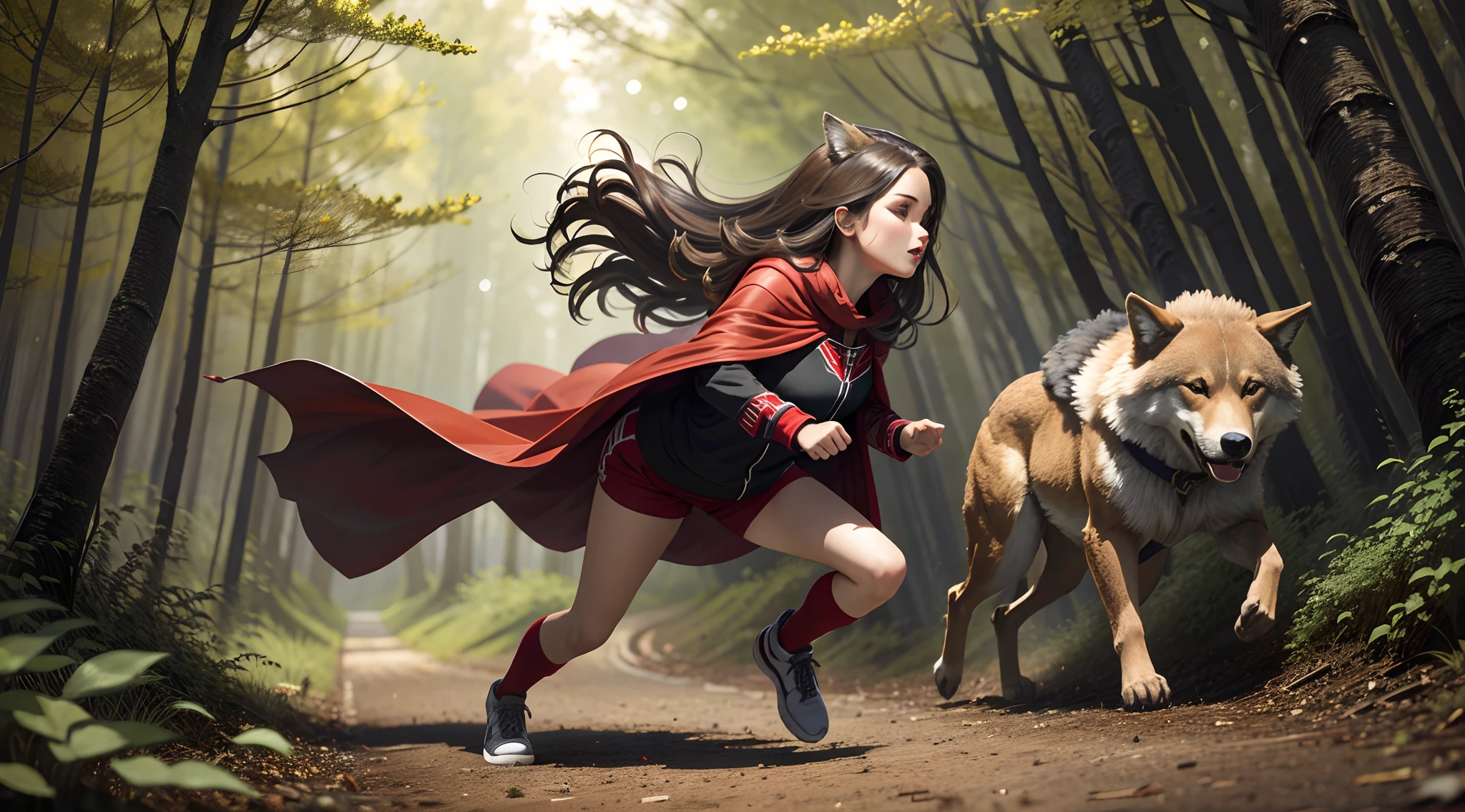 Brunette girl in red cape，A brown wolf，running in the forest