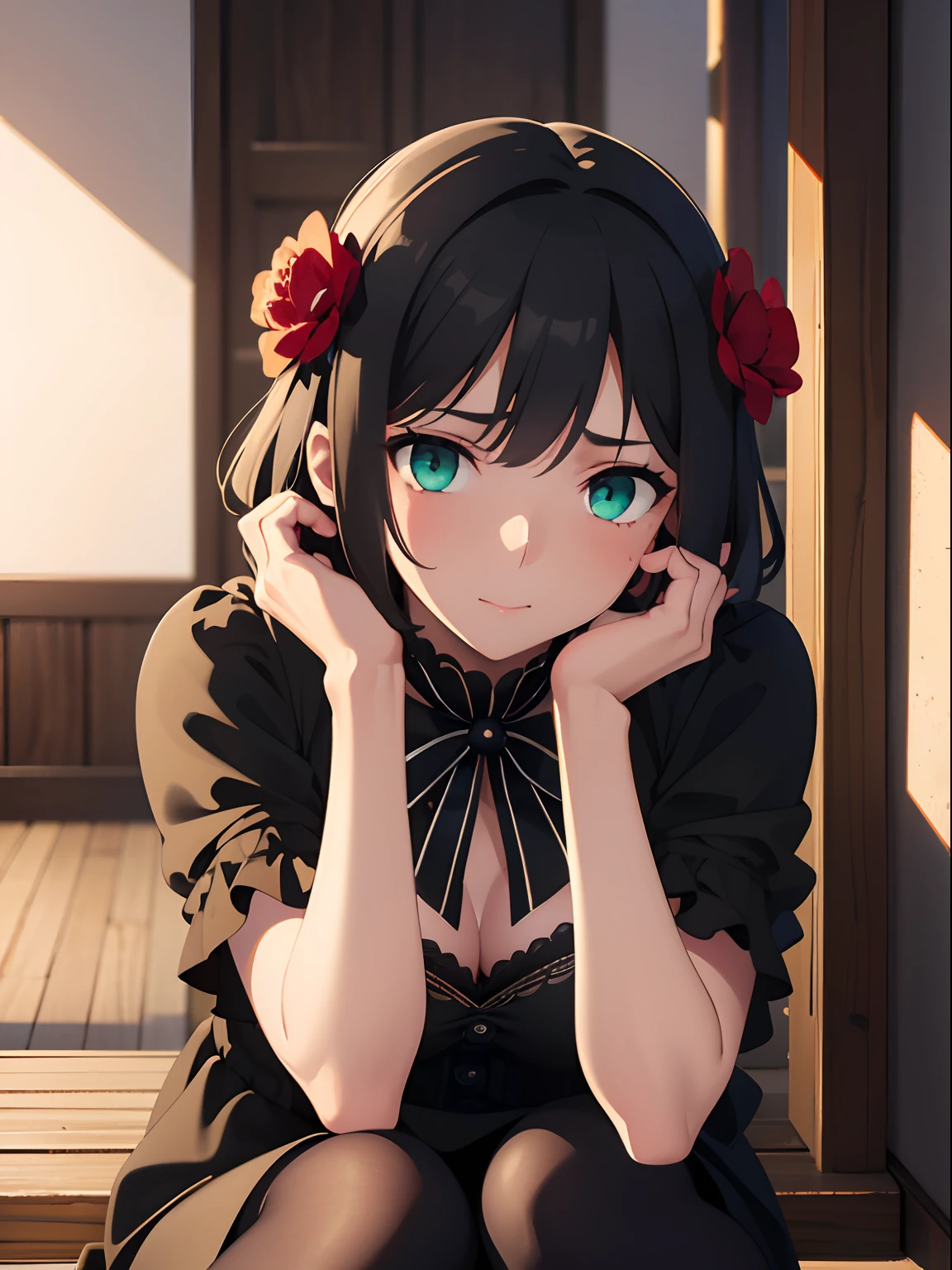 masterpiece, best quality, highres, best shadow, best illumination, finely detail, warm lighting, bright colors, 1girl, solo, elizabeth_pendragon, green eyes, beautiful face, short hair, black hair, sexy, seductive, clean, pure face, skin, hyper realistic, ultra detailed, detailed eyes, lush body, dramatic lighting, (realistic) realistic, (masterpiece:1.3), (absurdists:1.3), (best quality:1.3), HD, FULL HD, bright lights, best quality, best quality, beautiful lighting, outdoor, (8k extremely detailed CG unit wallpaper), high details, sharp focus, dramatic and photorealistic midjourney painting art, Perhaps a dark black dress will be decorated with bright embroidery, which will emphasize the elegance and individuality of the outfit. It can be a floral ornament, abstract patterns or geometric shapes that add visual interest and beauty to the whole outfit, the girl is sitting on the floor, her legs slightly apart. She leans forward and completely hides her hands between her legs. Sparkle in the eyes: The girl's eyes are bright and shiny, with passion and excitement
Blush on the cheeks: Blood under the influence of excitement can flow to the face, causing a slight blush on the cheeks and even the neck.