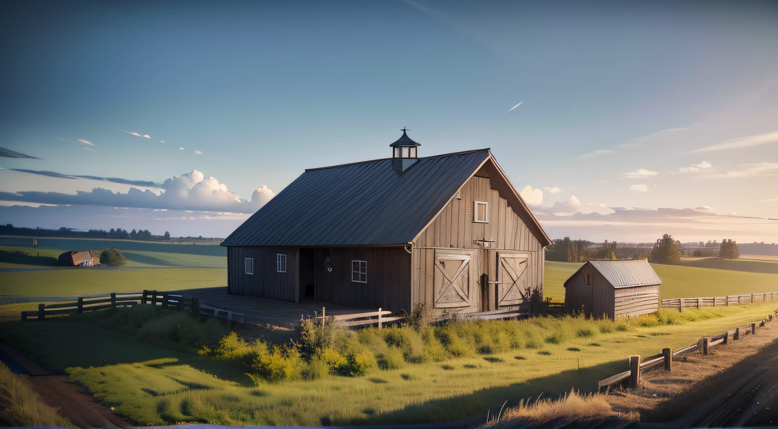 there is a tractor that is driving down the road near a barn, swedish countryside, beautiful render of a landscape, immensely detailed scene, rendered in corona, illustration matte painting, photorealistic landscape, inspired by mads berg, 3d rendered matte painting, rendered in octane 3d, country landscape, rendered in arnold, a photorealistic rendering, highly detailed scene
