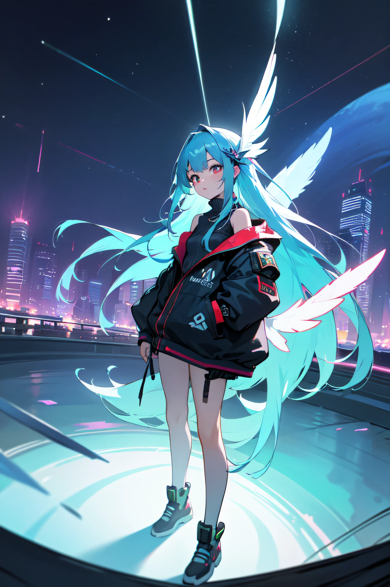 (masterpiece), top-quality, 超A high resolution,s girl, Cyberpunk 1 girl flying over stunning cityscape ,parka,blue hairs, Neon Color Shooting Star, Very long hair, off shoulders, feathers hair ornament, neon color, The Flash, stunning night sky, 电影灯光, Photorealsitic, real looking skin, HDR,fish-eye lens,(a panoramic view:1.5)