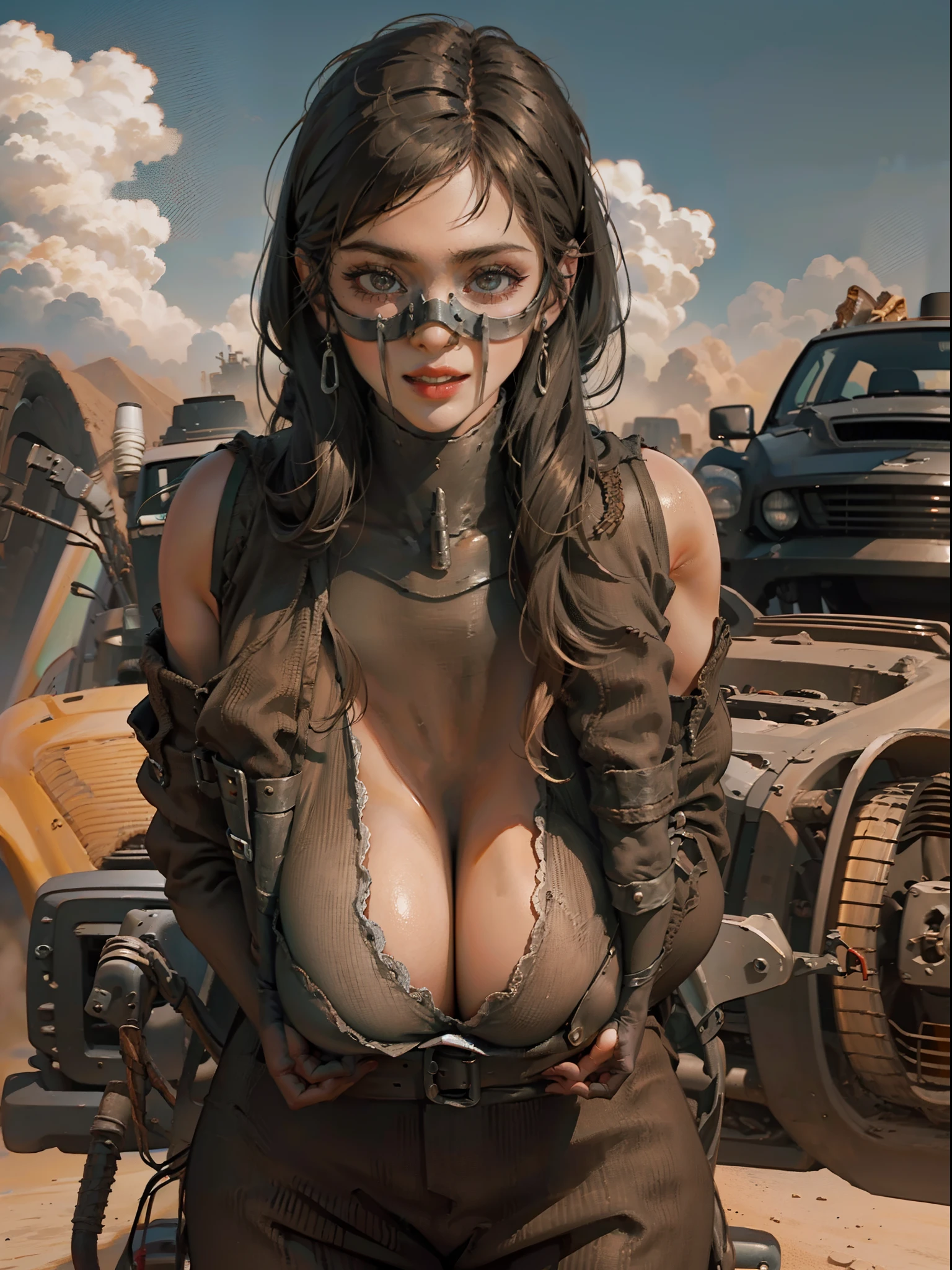 wasteland desert clothes, apocalyptic desert punk,dieselpunk,desert punk,mad max style, desert background, sexy female,sensual pose, ((cabello rubio, ojos verdes)), boca abierta, armadura mad max, gigantic breast, sagging breast, sexy body, ((((mujer conduciendo en la noche  faros del coche))),(( noche, noche , luna llena, desierto postapocaliptico,))