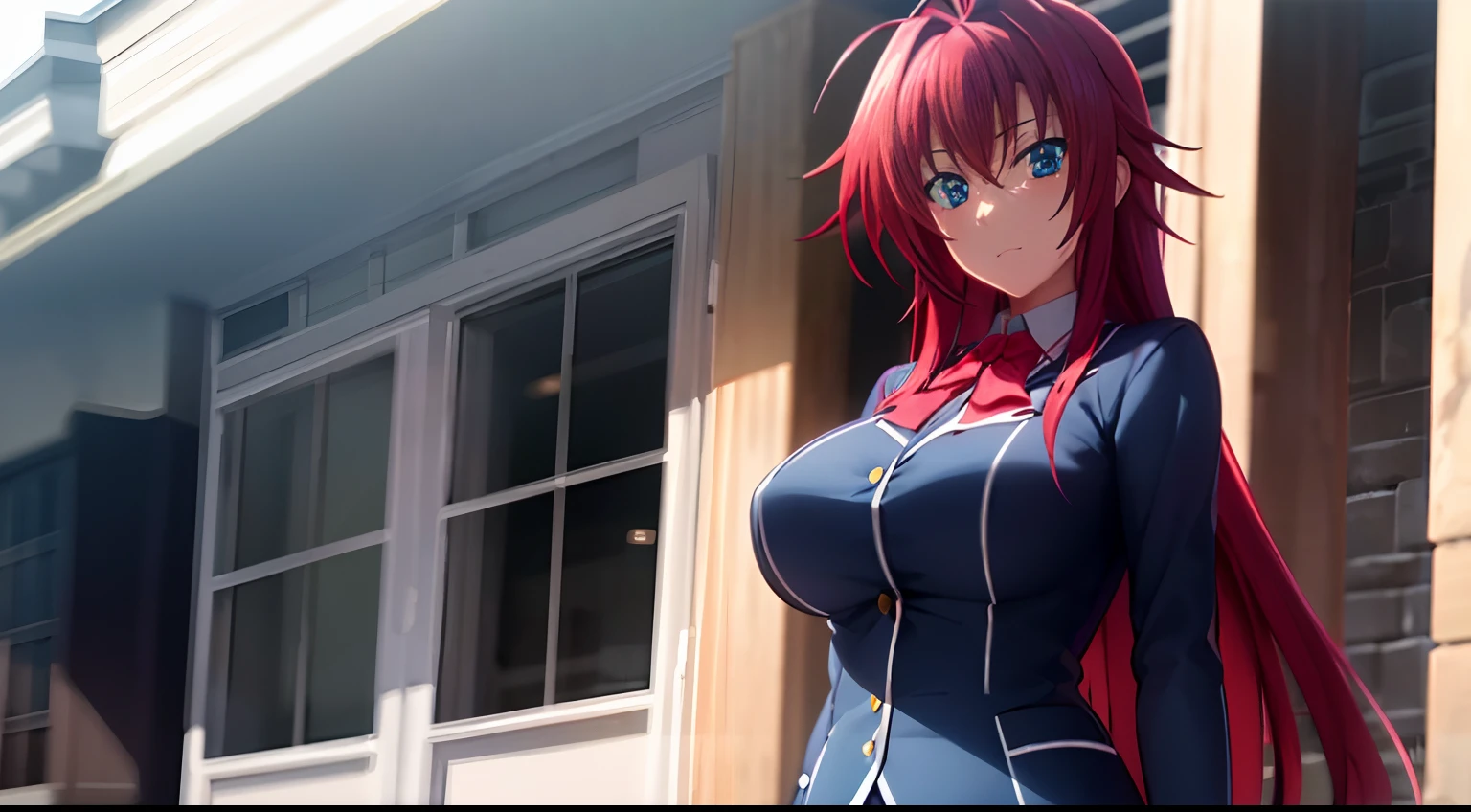 masterpiece, best quality, 1girl, long hair, looking at viewer, :3, cute, black school uniform, outdoors, streets, cowboy shot, large breasts, curvy, (((blue eyes))),  rias gremory, red hair, antenna hair,  wavy hair, ((beautiful detailed eyes, beautiful detailed glow))