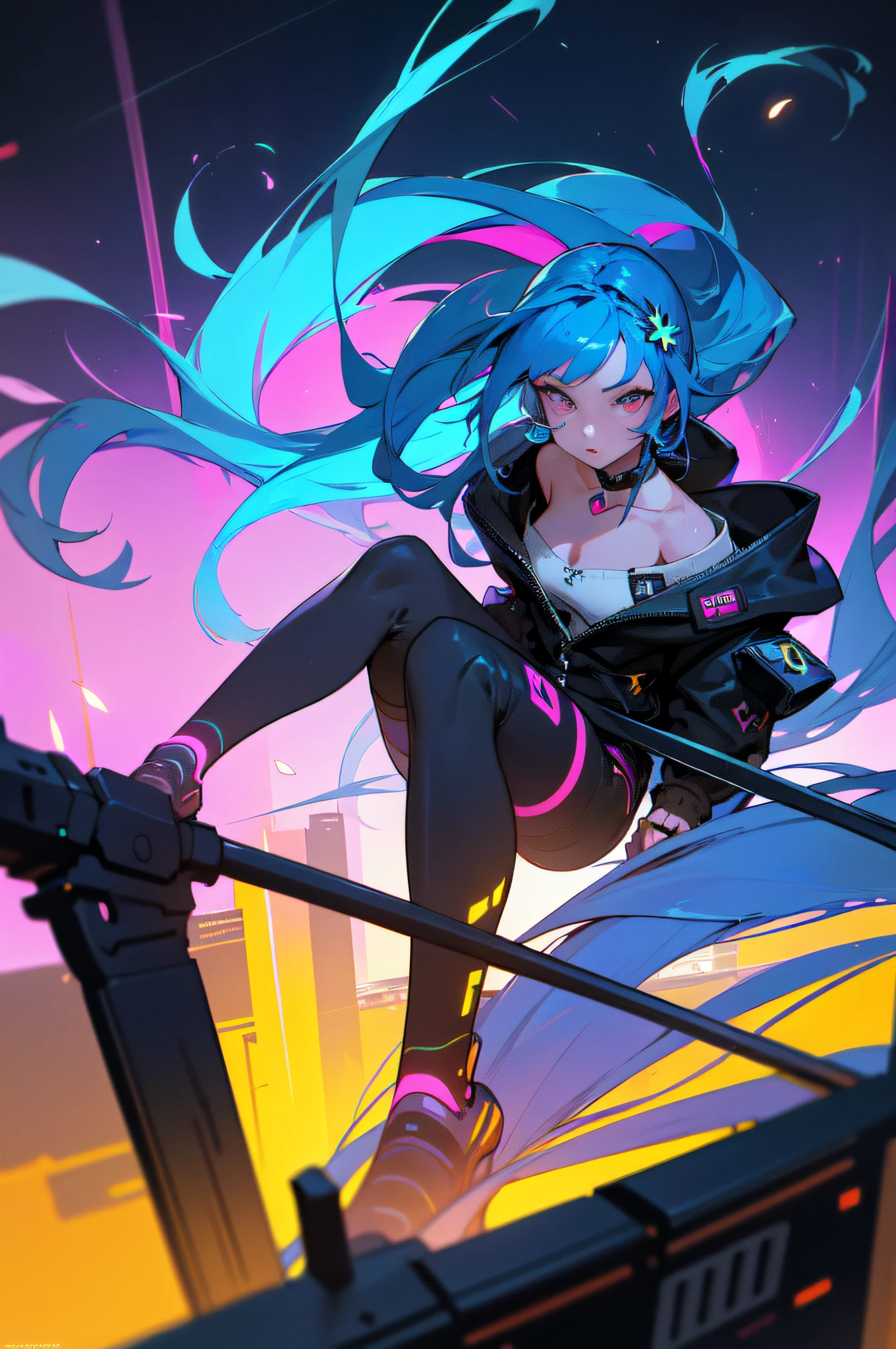 (masterpiece), best quality, ultra high res,, cyberpunk 1girl flying above stunning cityscape ,hoodie,blue hair,  neon color shooting stars, very long hair, off shoulder, feather hair ornament, neon colors, flashes, stunning night sky, cinematic lighting, photorealistic, realistic skin, HDR,fisheye