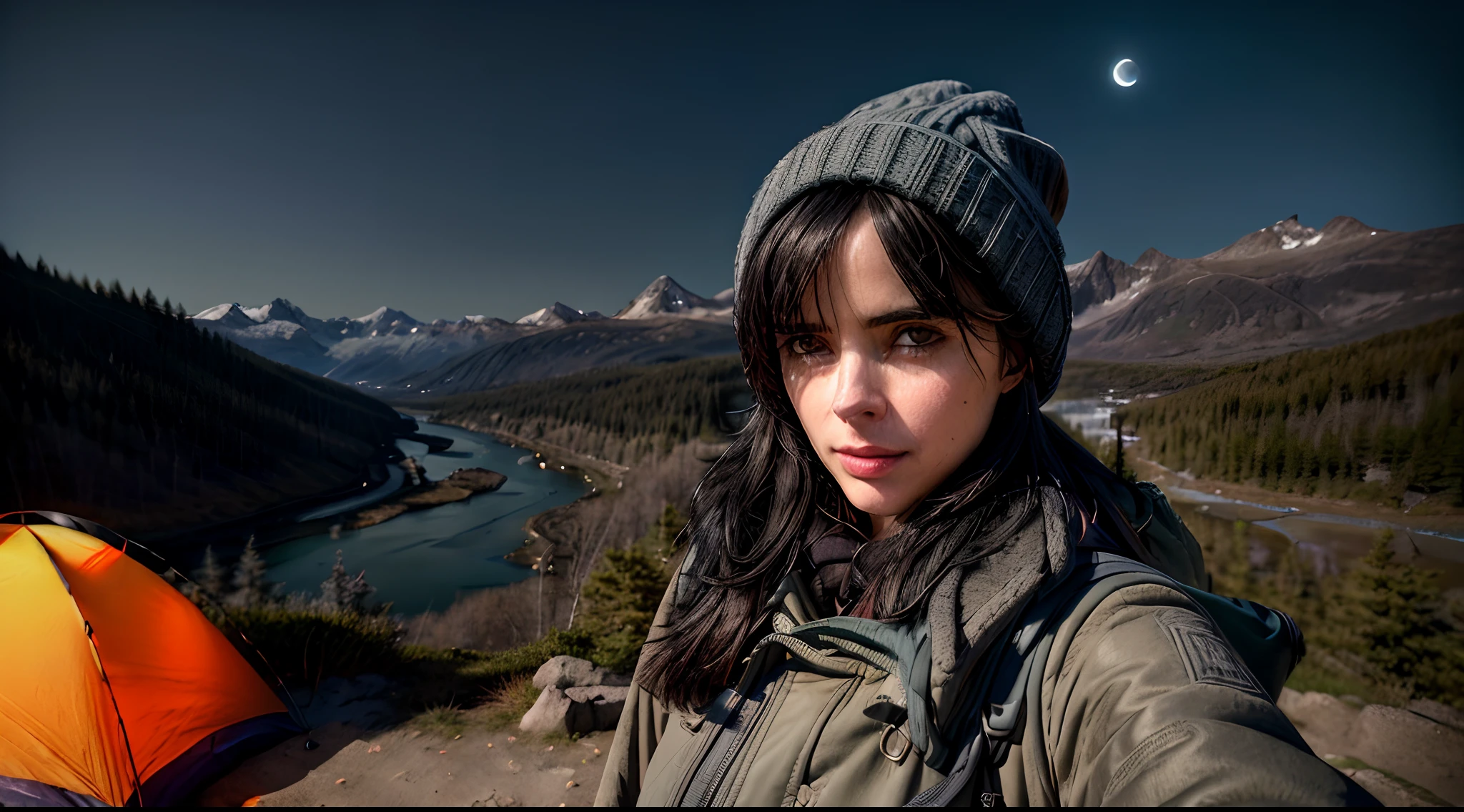 1girl, jessicajones, long hair, black hair, ((upper body selfie, happy)), masterpiece, best quality, ultra-detailed, solo, outdoors, (night), mountains, nature, (stars, moon) cheerful, happy, backpack, sleeping bag, camping stove, water bottle, mountain boots, gloves, sweater, hat, flashlight, forest, rocks, river, wood, smoke, shadows, contrast, clear sky, analog style, (look at viewer:1.2), (skin texture), (film grain:1.3), (warm hue, warm tone :1.2), close up, cinematic light, sidelighting, ultra high res, best shadow, RAW, upper body, wearing pullover