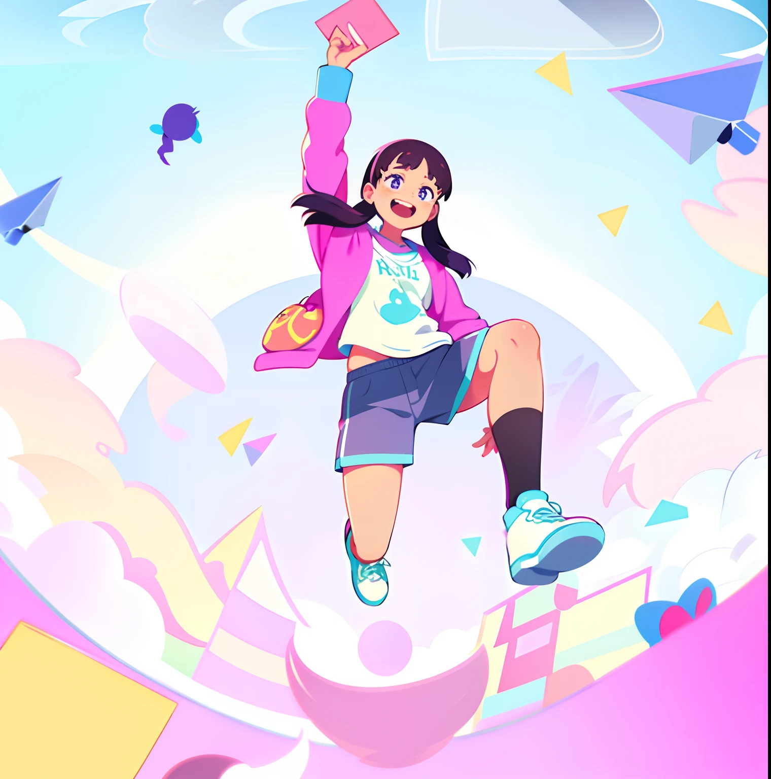 Cartoon girl jumping in the air,Holding a purple book in his hand, lofi-girl, illustratio, animation illustrative style, Praise Artstyle, hand painted cartoon art style, Purple illustration, made with illustrator, Illustration 8 K, 8 K cartoon illustration, Dribbble illustration, animation style render, Lofi art, Digital anime illustration, Cartoon style illustration