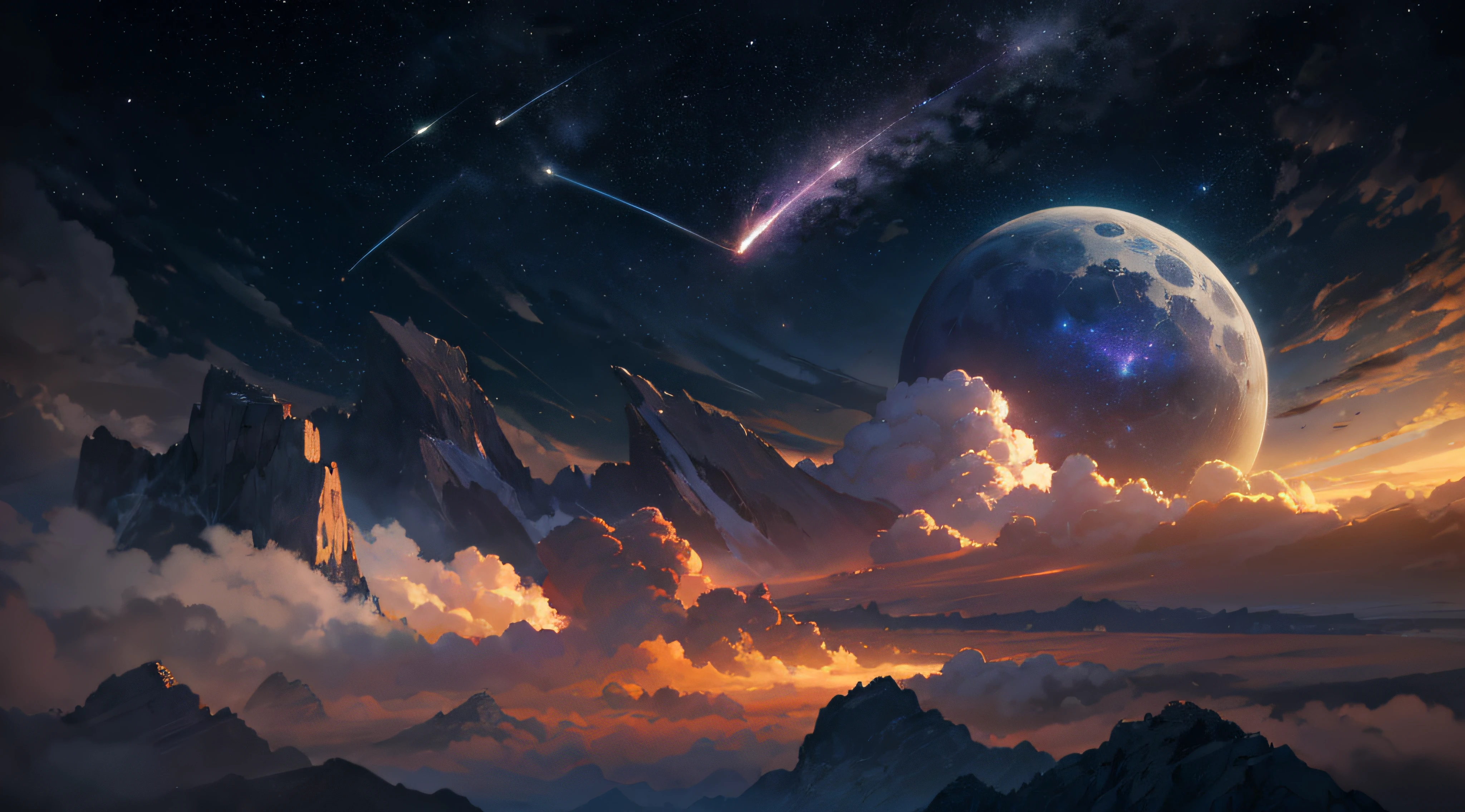 Expansive landscape photograph,(moon full:1.2),(meteors:0.9),(Starcloud:1.3),(Warm light source:1.2),(glowworm:1.2),lamp lights,Lots of purple and orange,Complicated details,Volumetriclighting,Realism BREAK(tmasterpiece:1.2),(best qualtiy),8K,Ultra-detailed,(dynamic compositions:1.4),The is very detailed,Colorful details,(Irridescent color:1.2),(luminouslighting,Atmospheric lighting),dream magical,magical,(独奏:1.2),((best qualtiy)), ((tmasterpiece)), (the detail:1.4),depth of fields,maximum definition and sharpness,perfectly proportions,Fluttering clouds,Wallpapers