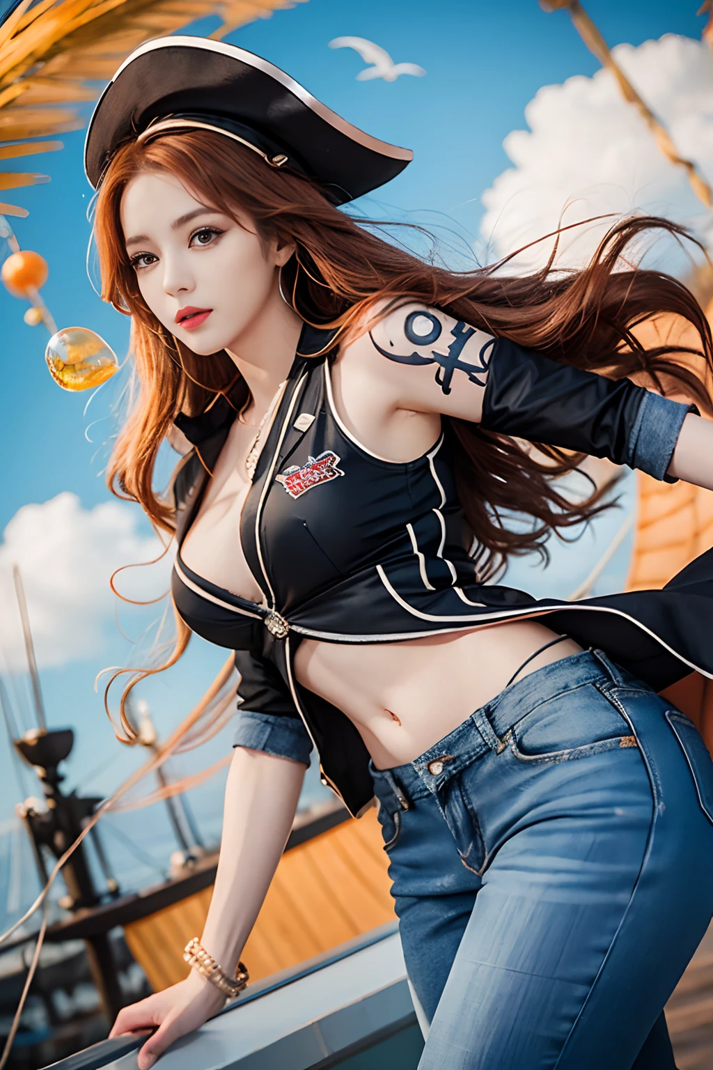 (((masterpiece+best quality+high resolution+ultra-detailed))), nami \(one piece\), long silky orange hair, high nose, sharp eyes, noble and inviolable temperament, (([female]: 1.2 + [beauty]: 1.2 + orange long hair: 1.2)), pirate ship background, (one piece), blue sky, bracelets, bubbles, clouds, denim, pants, shoulder tatto, bright eyes, dynamic angle and posture.