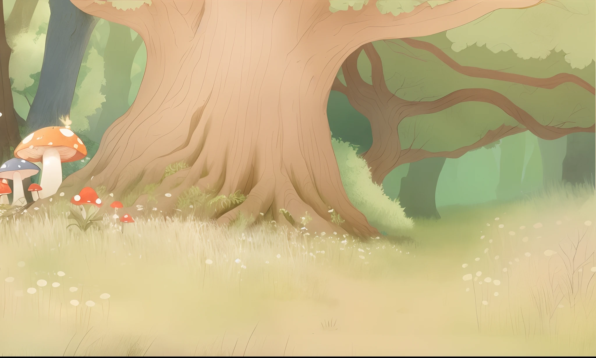 Cartoon picture of the woods, arte de fundo, background artwork, animated still, low details. Digital painting, elf forest background, ancient wood environment, soft forest background, forest outside, whimsical forest, random background scene, # screenshotsaturday, #screenshotsaturday, 2d game environment design, Ghibli Studio Environment, Detailed environment