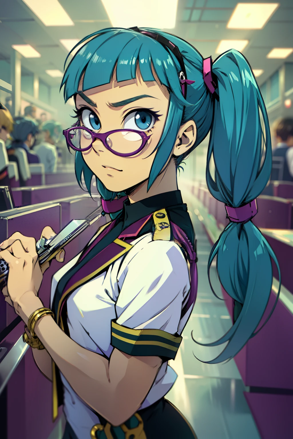 Juniper Installation, A  girl, Aquacolor for hair, kino, uniform, stands on his feet, kino, twin tails, blue eyes, Hairpins, purple glasses, Cinema hall