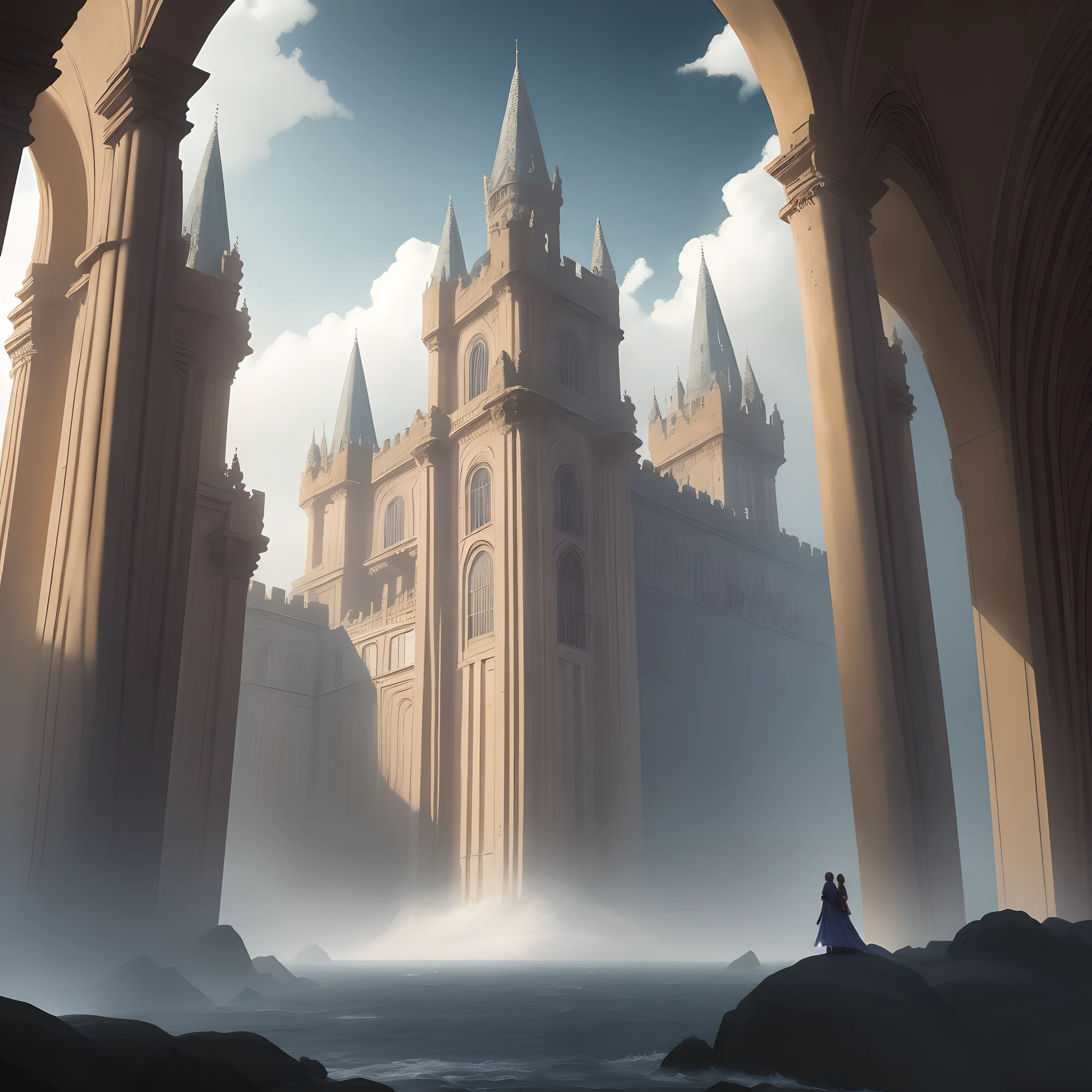 **********vast scene Immersed in the timeless beauty of God of war, a magnificent ancient landscape in a moment of regal splendor. Drawing inspiration from the works of J.R.R. Tolkien and the artistic styles of Alan Lee and John Howe, this breathtaking landscape exudes an air of enchantment and grandeur that reflects the sky and sea, stands tall and proud, The details are expertly composed, utilizing a Canon EOS R5 with an 85mm f/1.2 lens, capturing the refined castle/ large city. The aperture is set at f/1.8, with an ISO of 100, and a shutter speed of 1/200, . The color grading accentuates the mystical, azure tones of the scene, blending seamlessly with the lush backdrop of the kingdom. The composition is reminiscent of the Romantic and Pre-Raphaelite movements, capturing the essence of the many race's grace, wisdom, and connection to natue rainy day, huge panorama more beautiful. Exact detailed architecture ancient city, professional lightning, Anamorphorphic Clear Atmosphere, dramatic, grand scene, shot on 35mm, shot on 28mm, epic lightning, dramatic lightning, huge set ancient. Ornate city, professional lightning, anamorphic, dramatic, primivalForest many period figures, greebles::.7 --s 1000 --chaos 33 --ar 20:28 --uplight --v 5