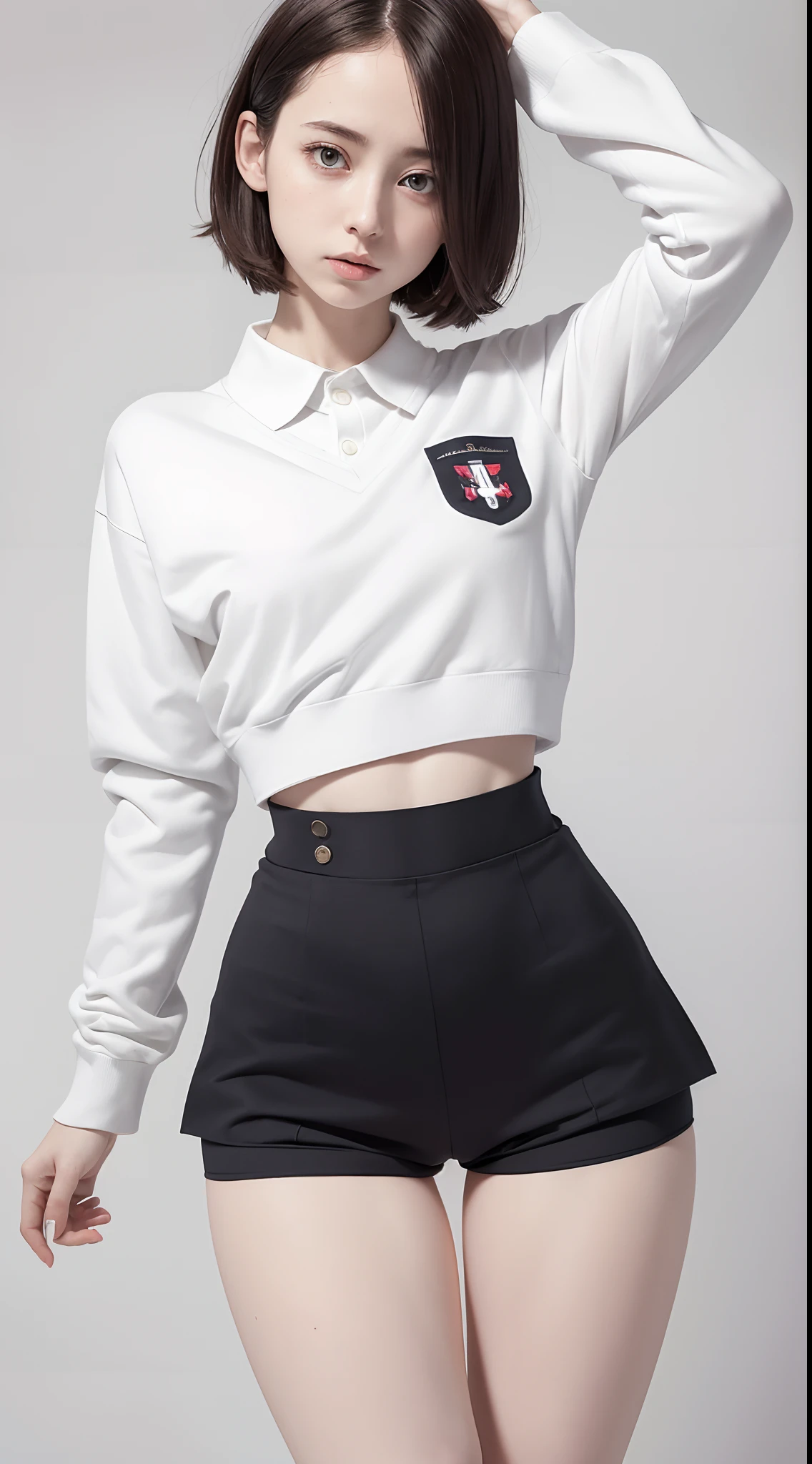 raw photo, dynamic pose, 1girl, pale skin, short messy hair, (small waist), ((wide thigh gap:1.2, wide thighs):1.2), tight school uniform, school shorts, white background, masterpiece