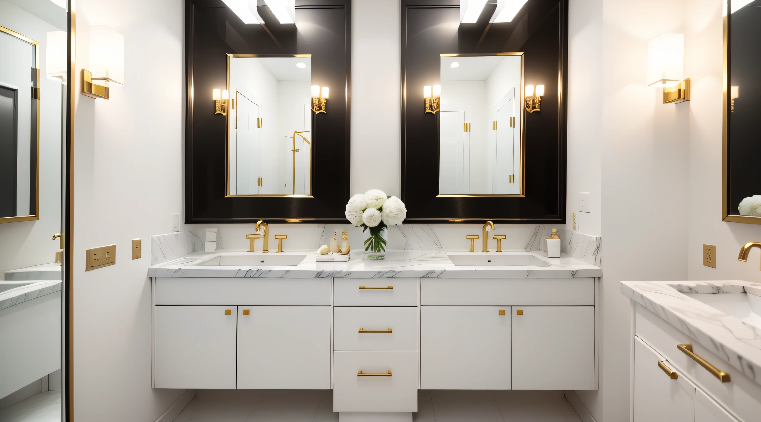 There are two mirrors on the wall above the two sinks, clean and simple, White marble，Golden decoration, white colors，Gold accents, simple clean lines, white and gold color scheme, Clean lighting, Subtle gold accents, White color scheme, Clean details, Golden accents, fresh modern look, modern bathroom, Black and white color scheme, glowing details, Gold accents large picture