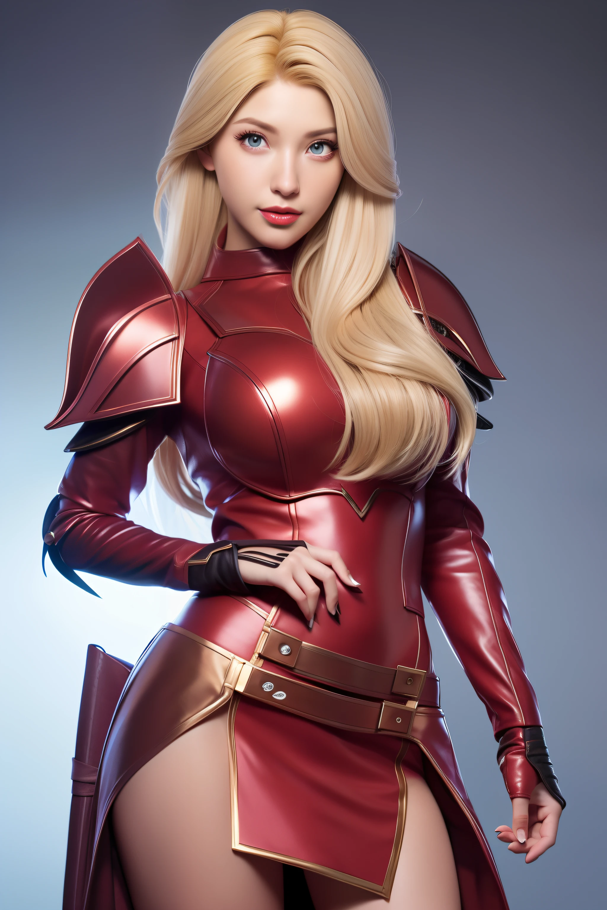 Beautiful Face Woman、a blond、a miniskirt、background is gold、 Beautuful Women、18year old、prety woman、hyper realistic photography、High-definition photos、red lipsticks、Mandalorian Style Metal Armor Skirt Suit、big eye、The skin is not very exposed、Do not cut your head off the screen、Skirt without slit
