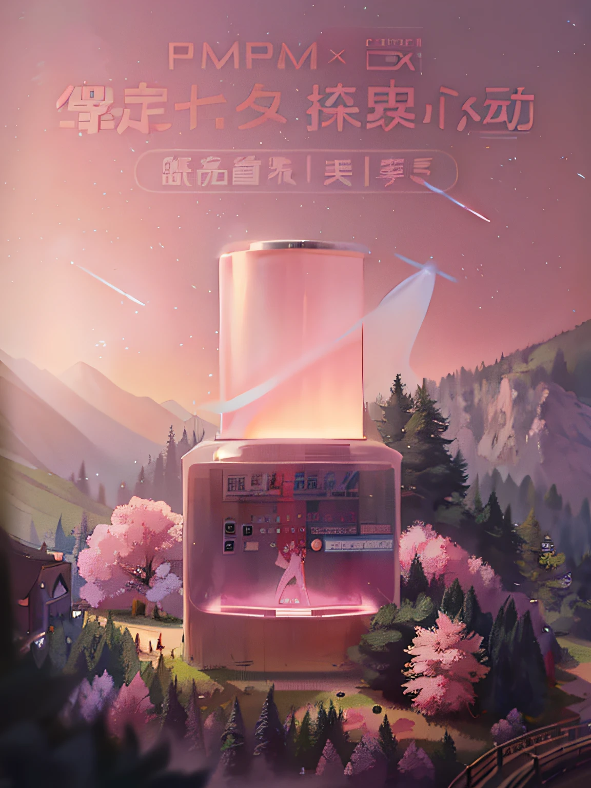 There is a poster,There is a photo of a pink building on it,in the middle of a field, Poster illustration, 5 e, A beautiful artwork illustration, trending on cgstation, Inspired by Xiao Yuncong, Middle metaverse, Digital illustration poster, poster for, author:Xia Gui, inspired by Ma Yuanyu, 6k, 4 )
