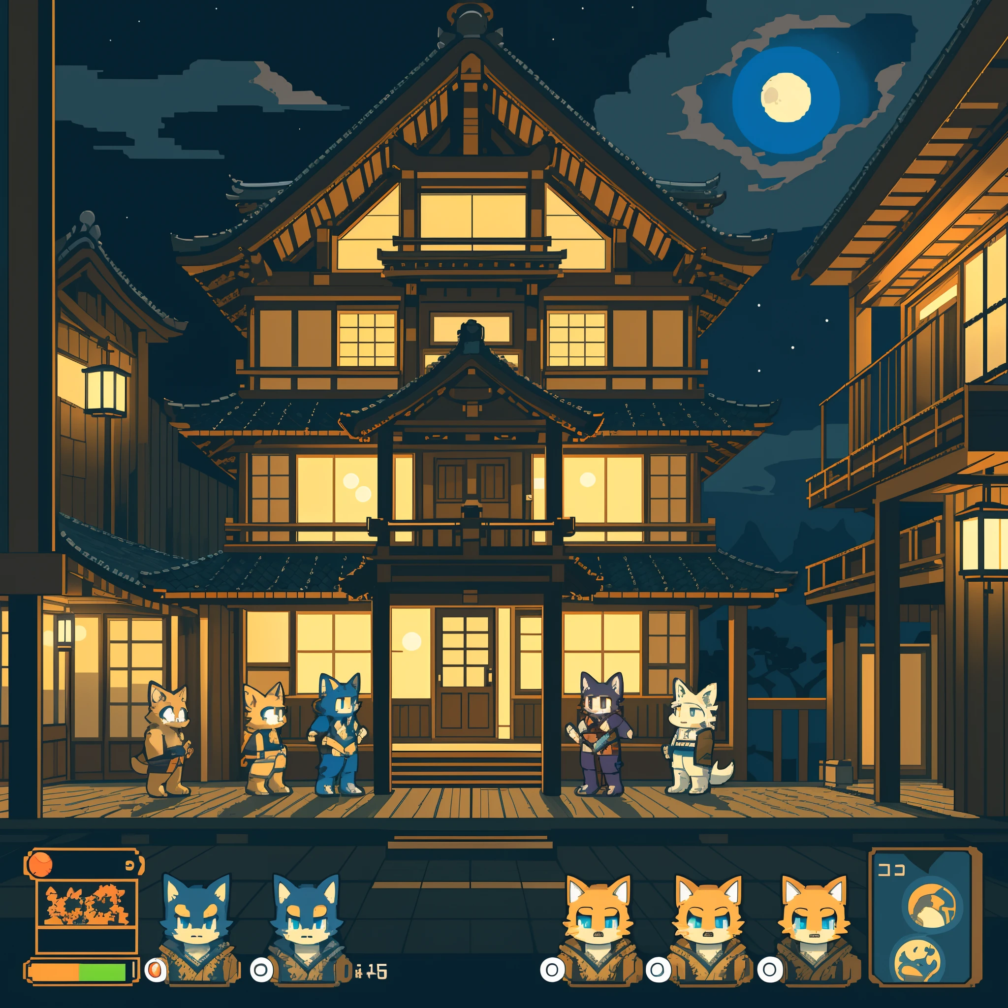 highres, absurdres(highly detailed beautiful face and eyes)perfect anatomy, detailed background, User Interface of Action game, side view game, dots game, pixel art, night, japanese house, deteriorated furniture, windows, moonlight, 6+boys, 6+girls, expression, good lighting, cinematic shadow(kemono, furry anthro)assorted poses,