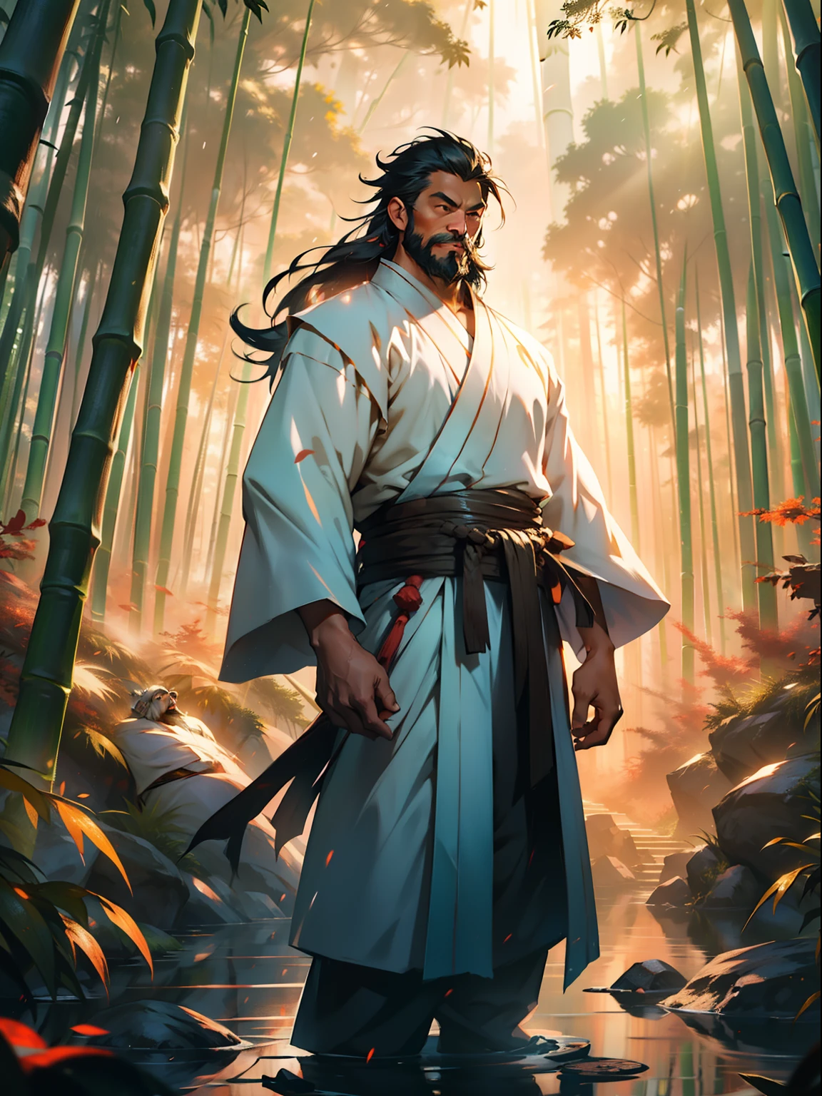 Deep in the bamboo forest, Chinese Ancient Times,raining day, A middle-aged male, 50yearsold, With a beard,long whitr hair,emaciated,dressed white hanfu, Standing in a bamboo forest, A hand touched his beard,Place one hand behind your back,look up to,Quiet, Cinematic lighting, in a panoramic view, Masterpiece, ccurate, Super detail, Award-Awarded, Best quality