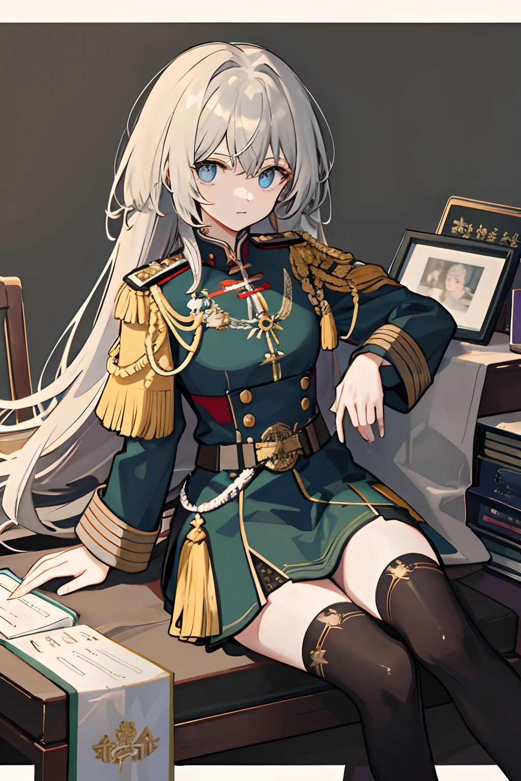 whaite hair,stocklings,a matural female,Prussian military uniform。