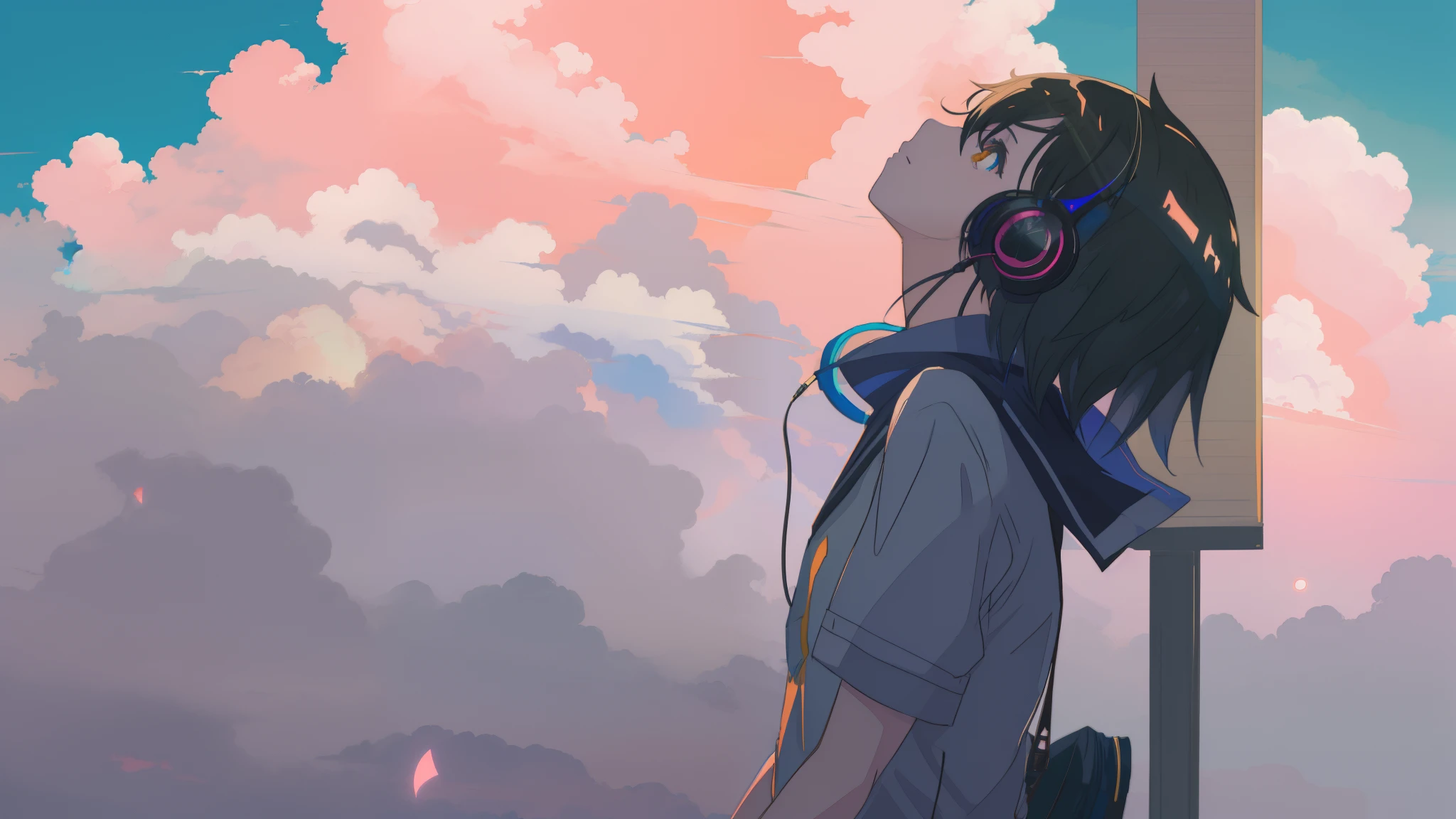 Anime girl wearing headphones, Looking Up The Sky，Makoto Shinkai Cyril Rolando, dreamy psychedelic anime, Anime Cloud, lofi-girl, girl clouds, conrad roset and makoto shinkai, Praise Artstyle, Lofi art, Atmospheric anime, in the style of makoto shinkai, anime atmospheric, makoto shinkai art style