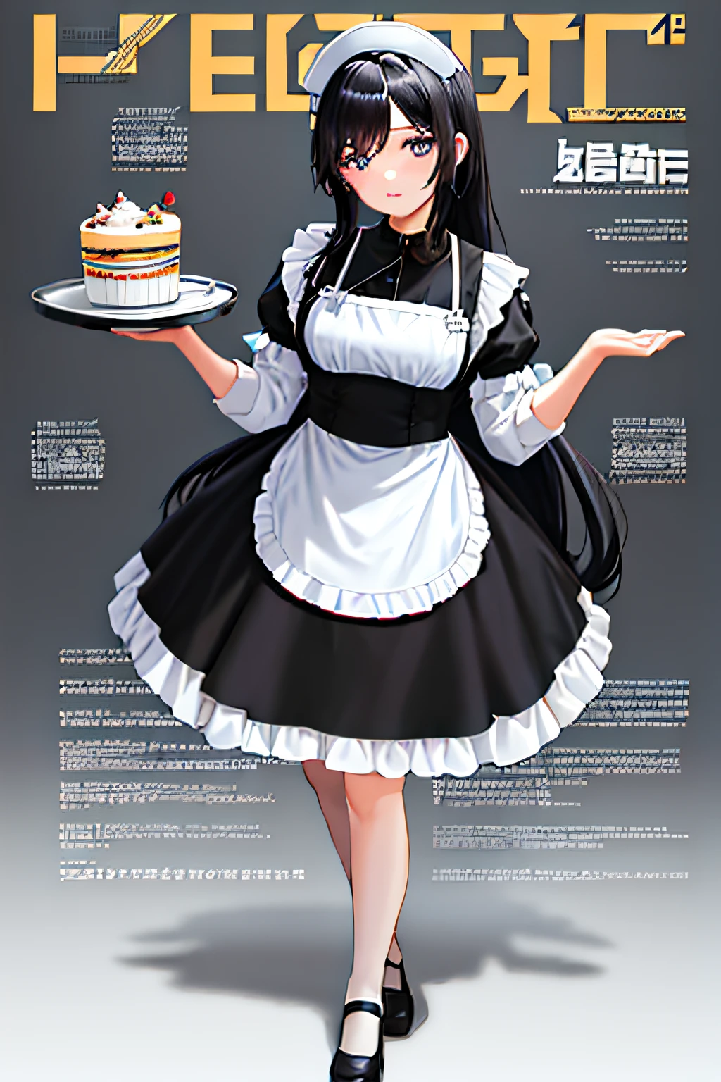 maidennurse,middle parted bangs,black color hair,Double ponytail cute,hair straight,MagazineCover,s girl,,Golden-blue eyes,Hold the tray with both hands,blacksilk,Black and white dress,short- sleeved,aprons,short- sleeved,Puff sleeves,Full body standing painting