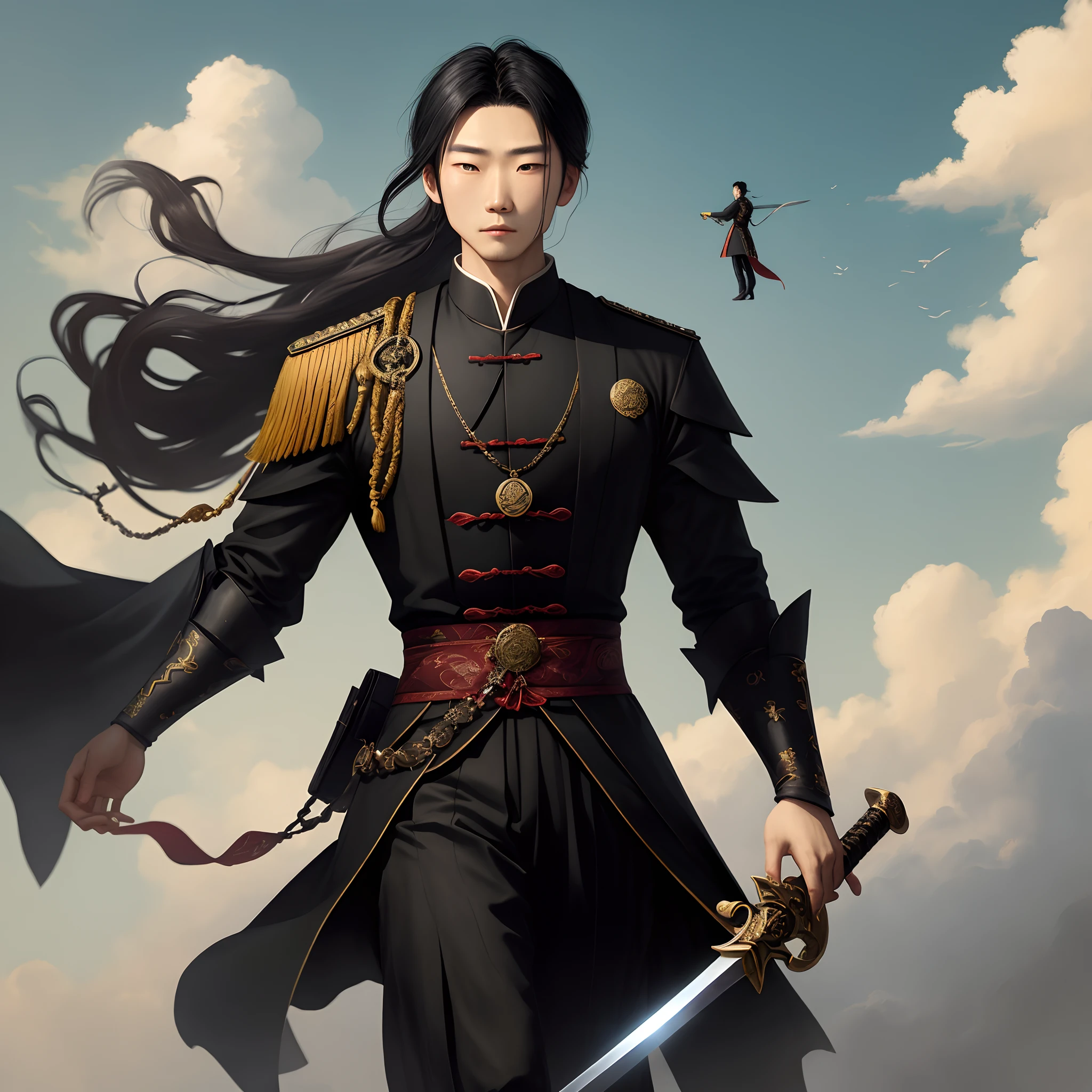 A young Chinese man,immortal,long whitr hair,Kamimei,apathy,Domineering,period costume,Floating in the sky,In his left hand he holds a black token,In his right hand he holds a long black sword,dressed all in black
